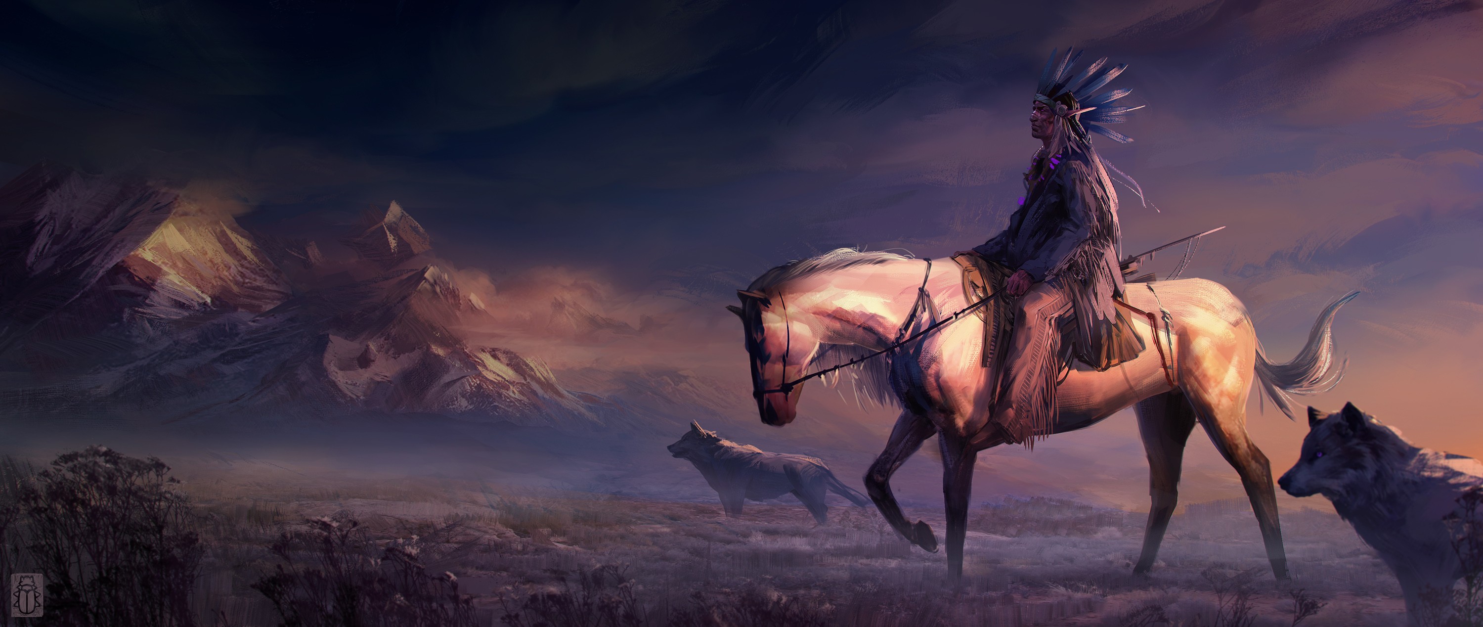 Artwork Digital Art Fantasy Art Mountains Native Americans Horseman Wolf 3000x1268