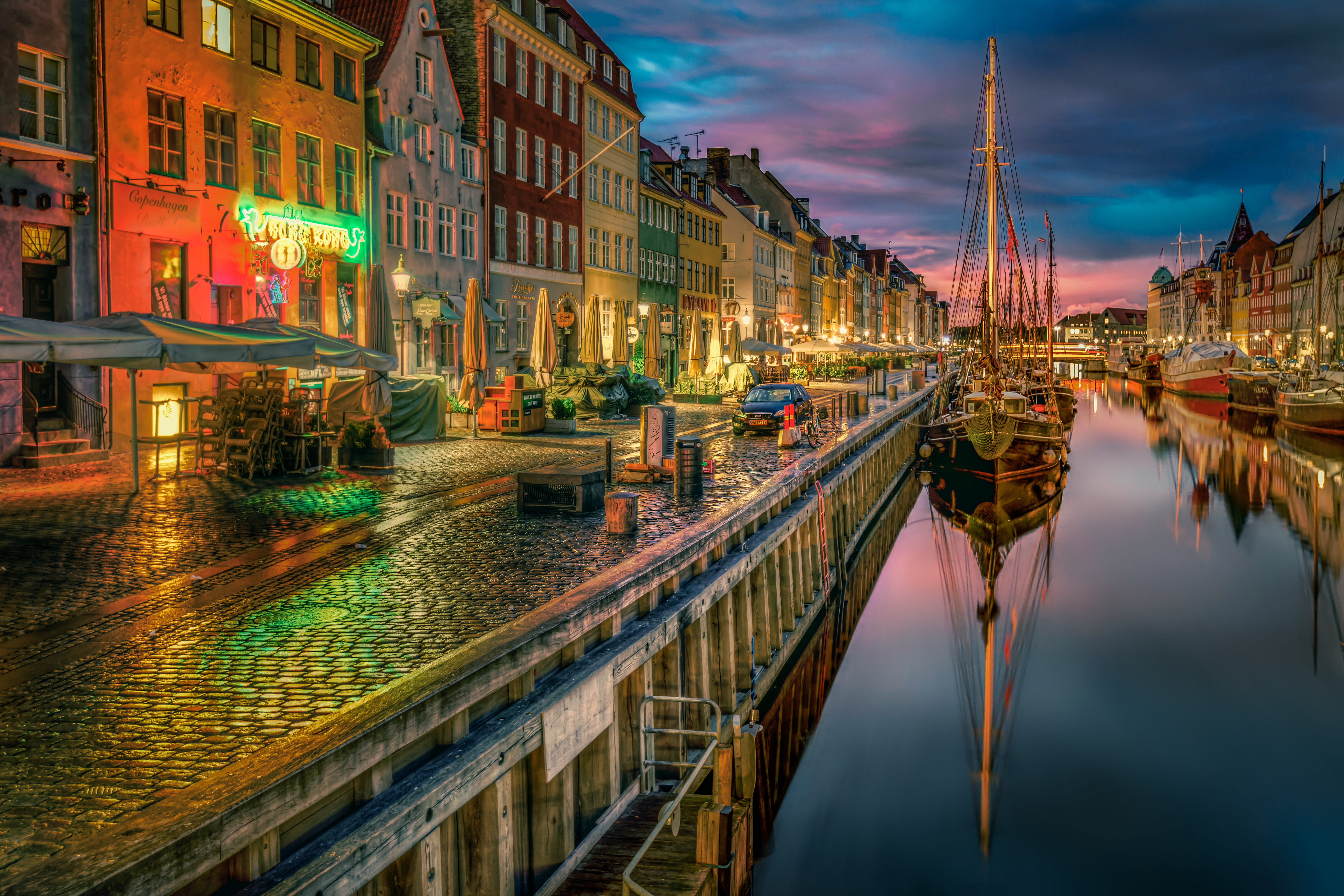 Copenhagen Denmark Boat Canal House Town Building Evening Night 6000x4000