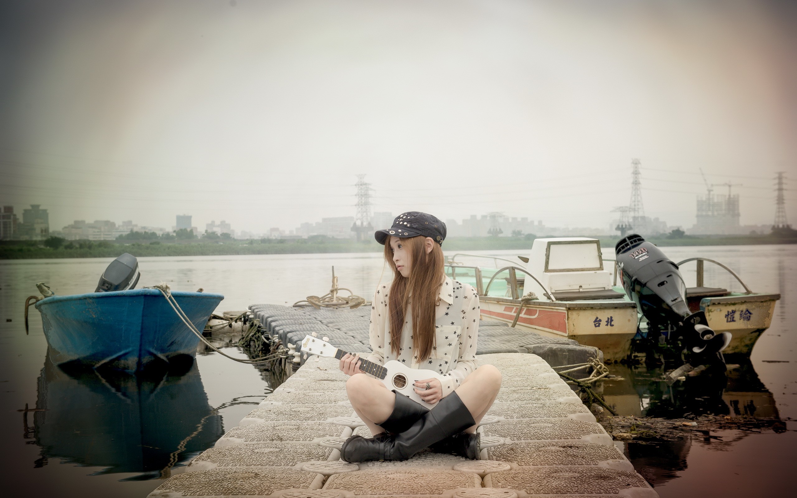 Women Model Brunette Long Hair Sitting Guitar Hat Women Outdoors Tiles Asian Boots Pier Water Boat B 2560x1600