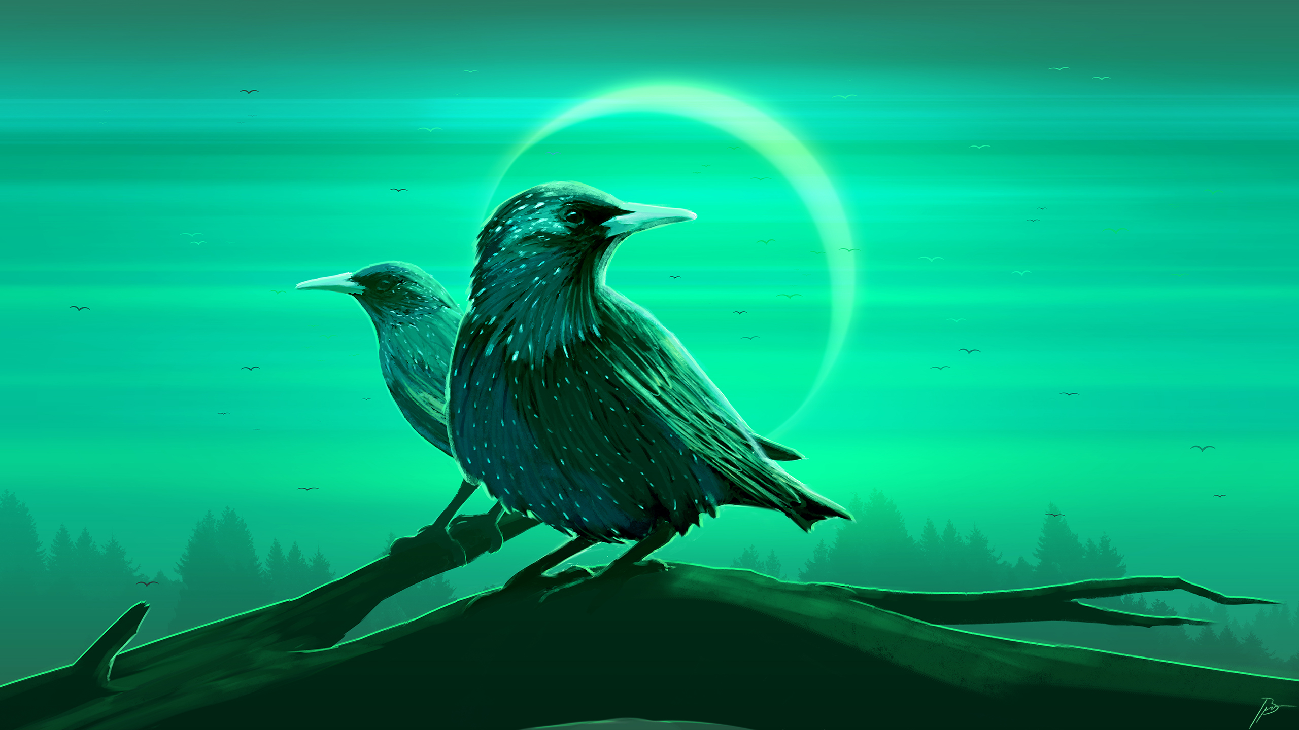 Starling JoeyJazz Birds Forest Green Branch 2560x1440