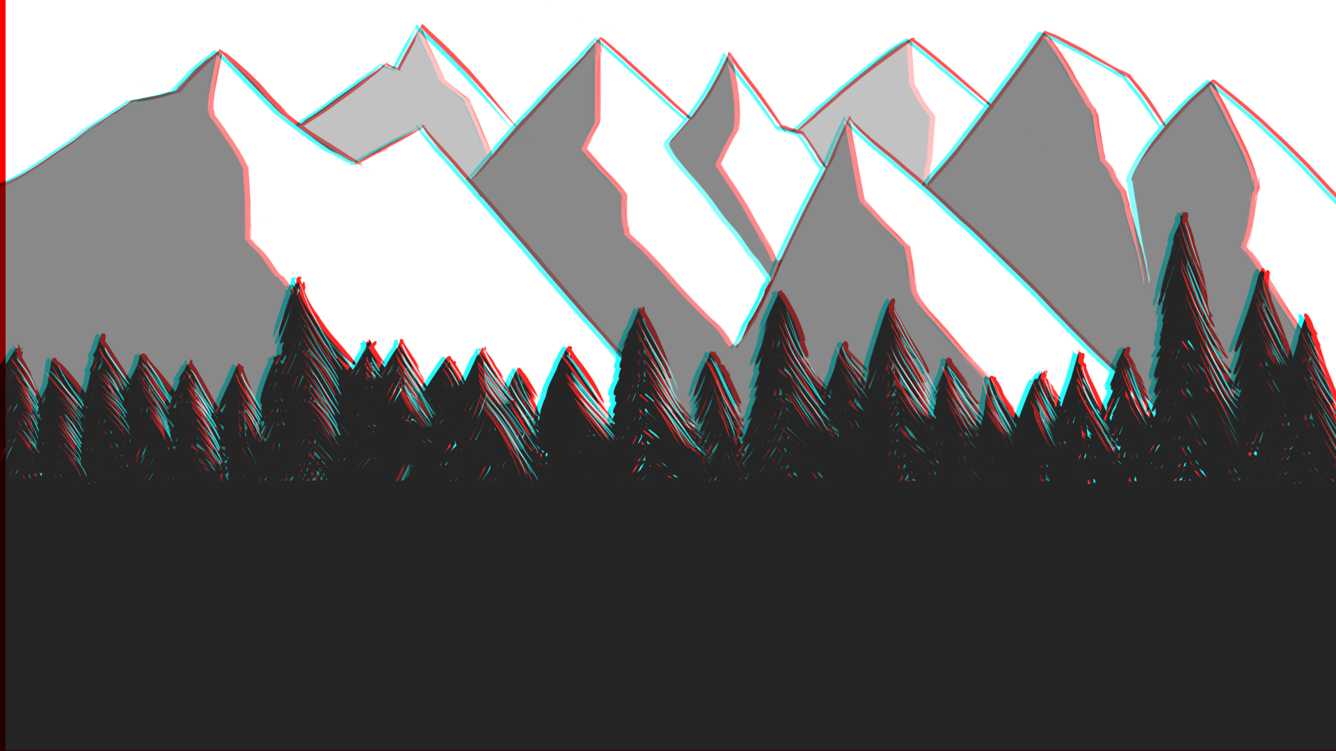 Monochrome Nature Forest Mountain Top Hills Landscape White Grey Snow Digital Drawing Chromatic Aber 1920x1080