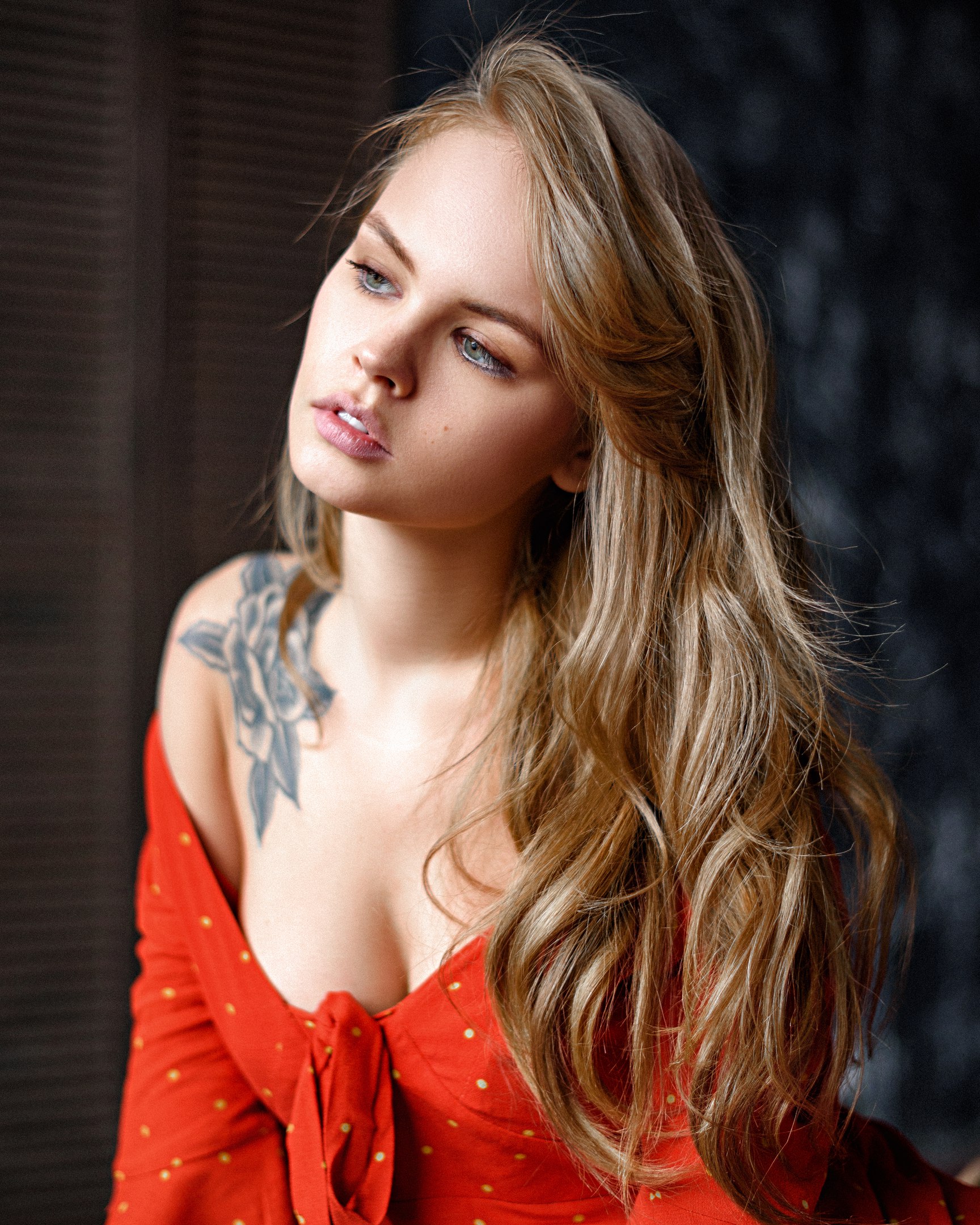 Max Pyzhik Women Model Blonde Portrait Indoors Depth Of Field Looking Into The Distance Inked
