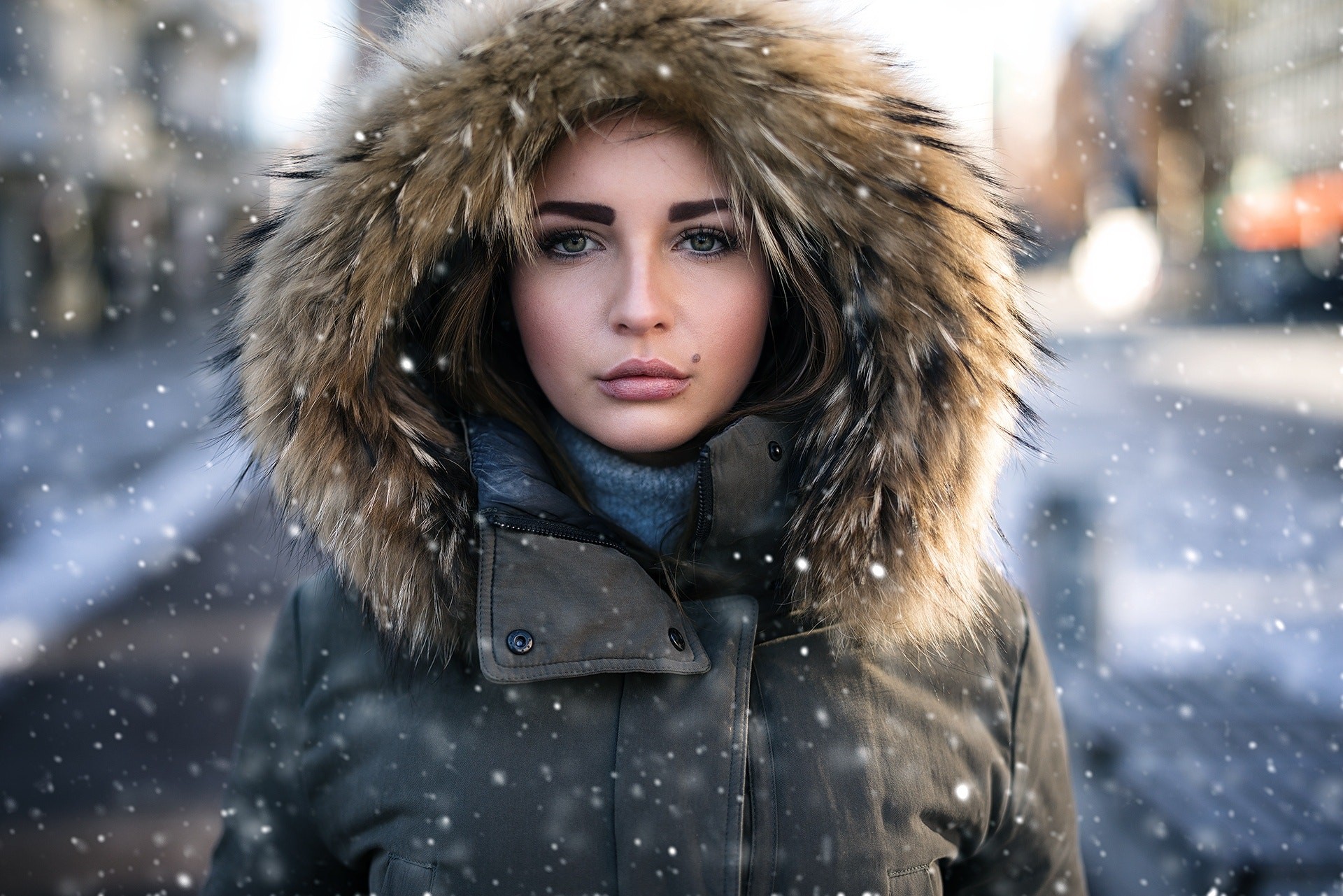 Women Portrait Hoods Face Snow Fur Depth Of Field Jacket Green Eyes Grey Jacket 1920x1281