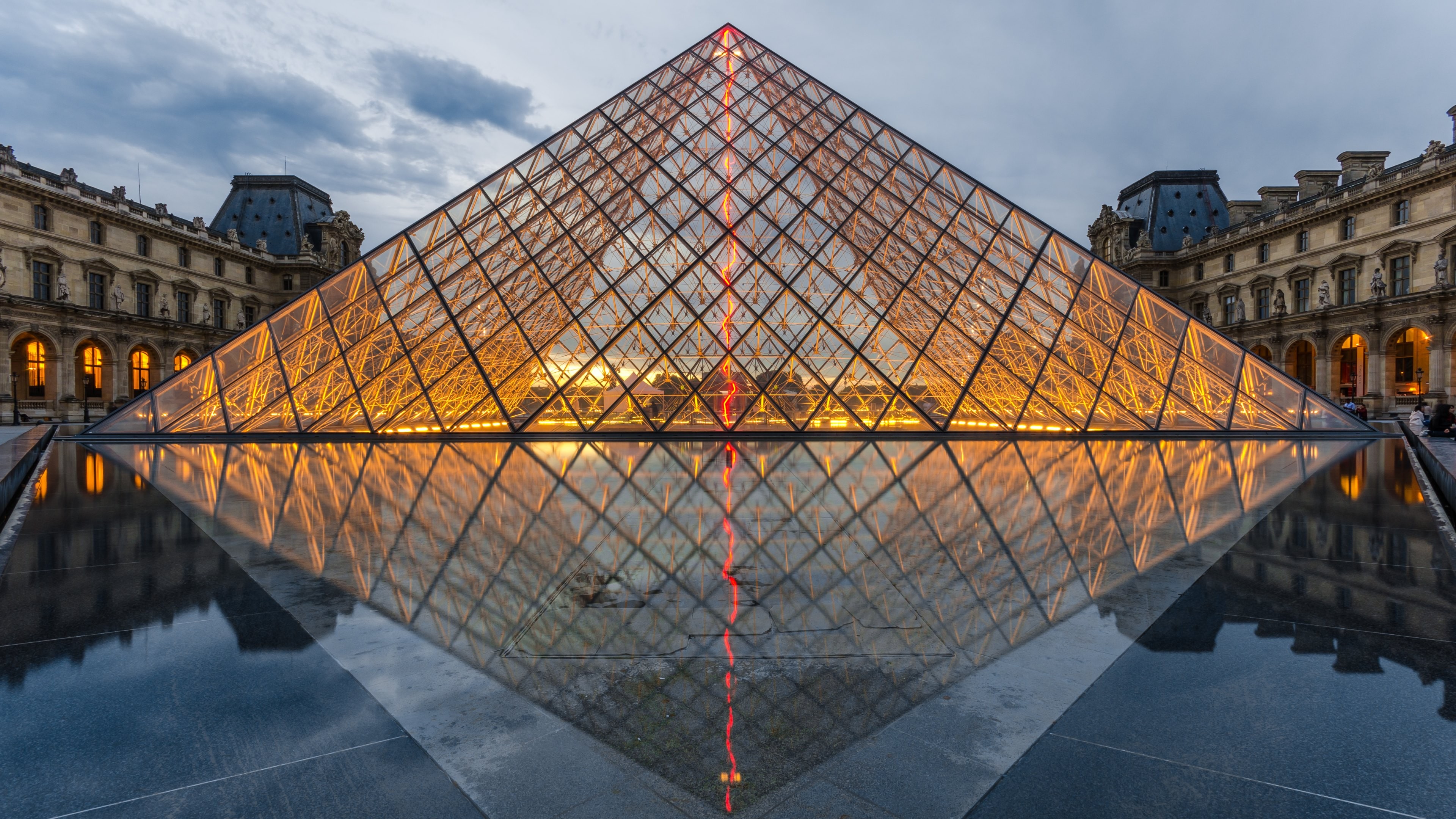 Lights Glass Louvre Evening Paris City 3840x2160
