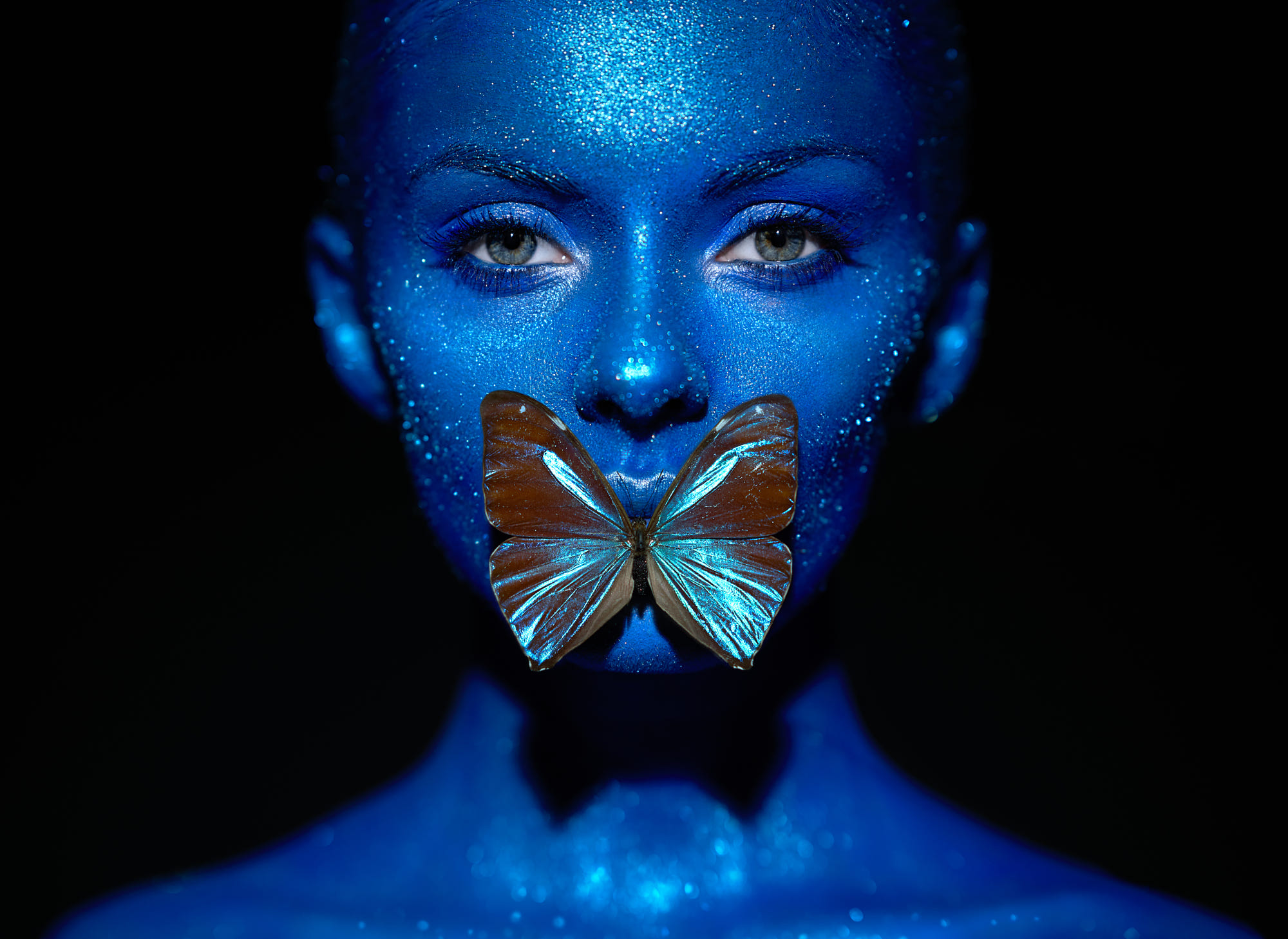 Women Portrait Butterfly Face Paint Blue Fashion Oleg Gekman Kristina Romashina 2000x1458