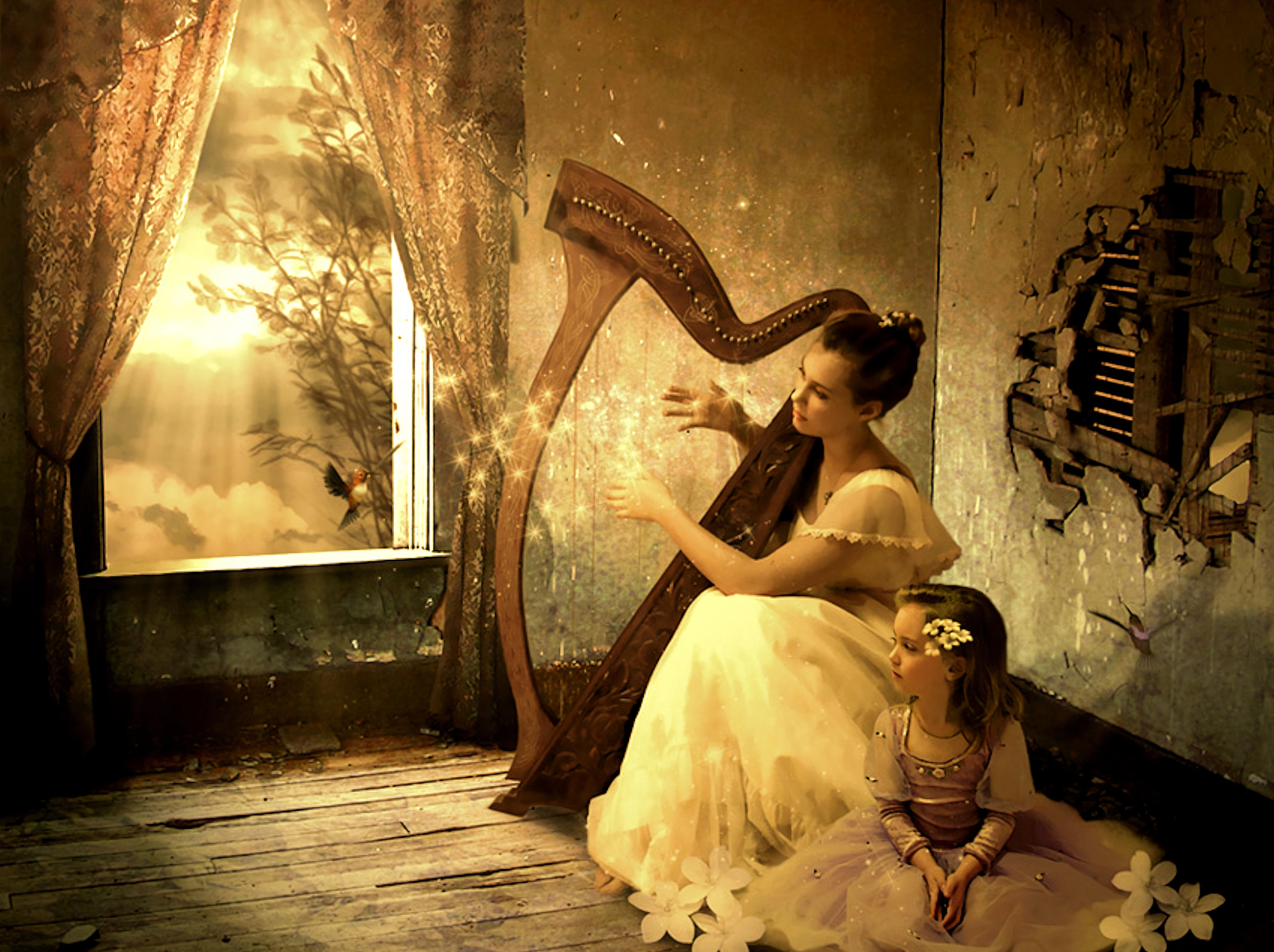 Artistic Vintage Woman Child Girl Harp Room 1920x1435