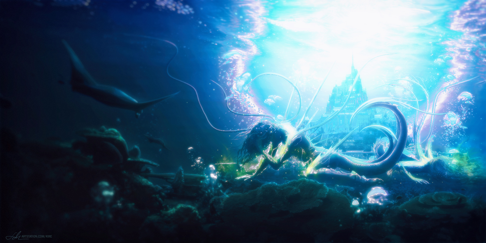 Underwater Creature Manta Rays Sea Monsters Sun Rays Dark Tail Bubbles Erik Shoemaker Fantasy Art Ar 1680x840