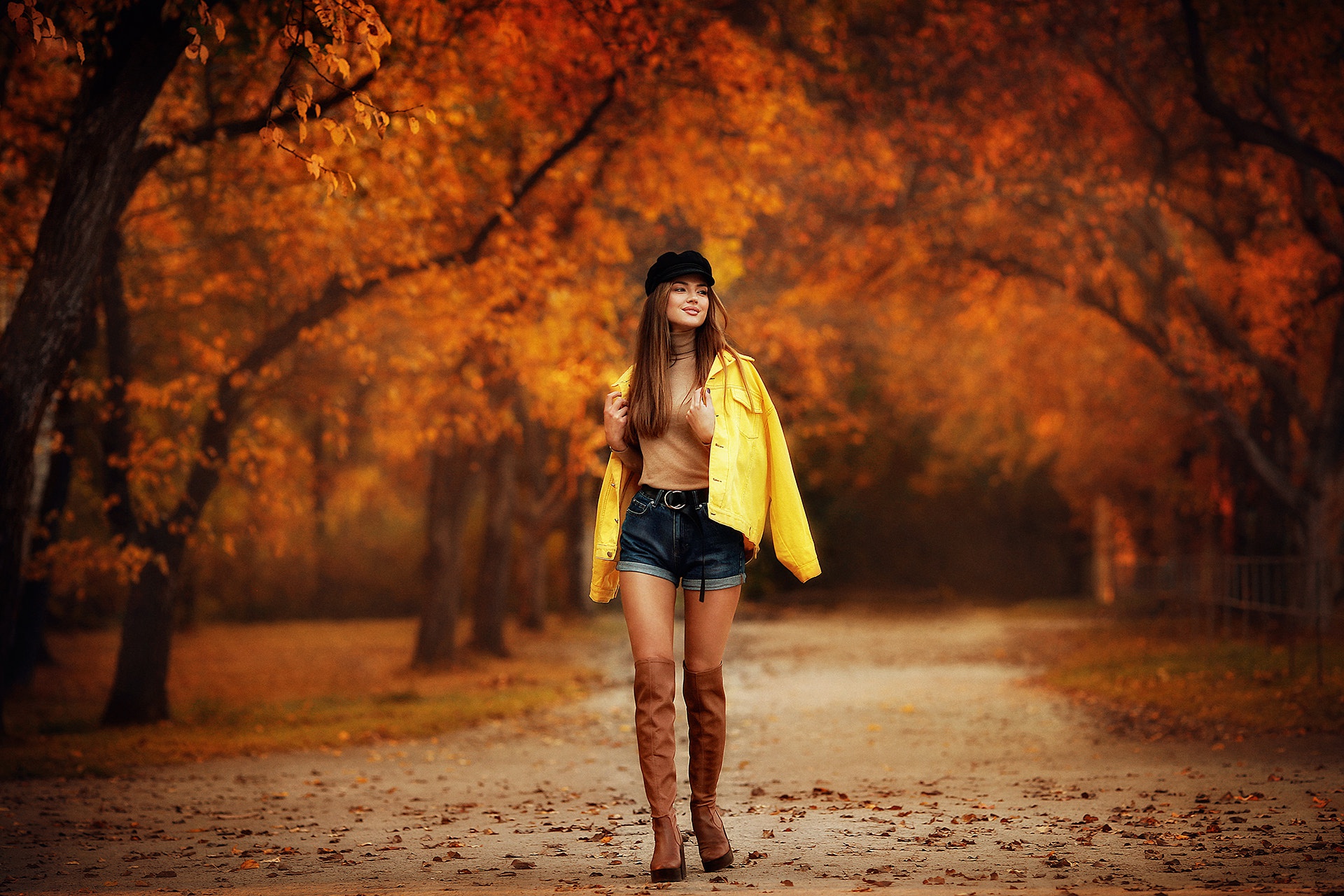 Dmitry Arhar Women Outdoors Fall Trees Women Yellow Jacket Anastasia Barmina Brunette Boots 1920x1280