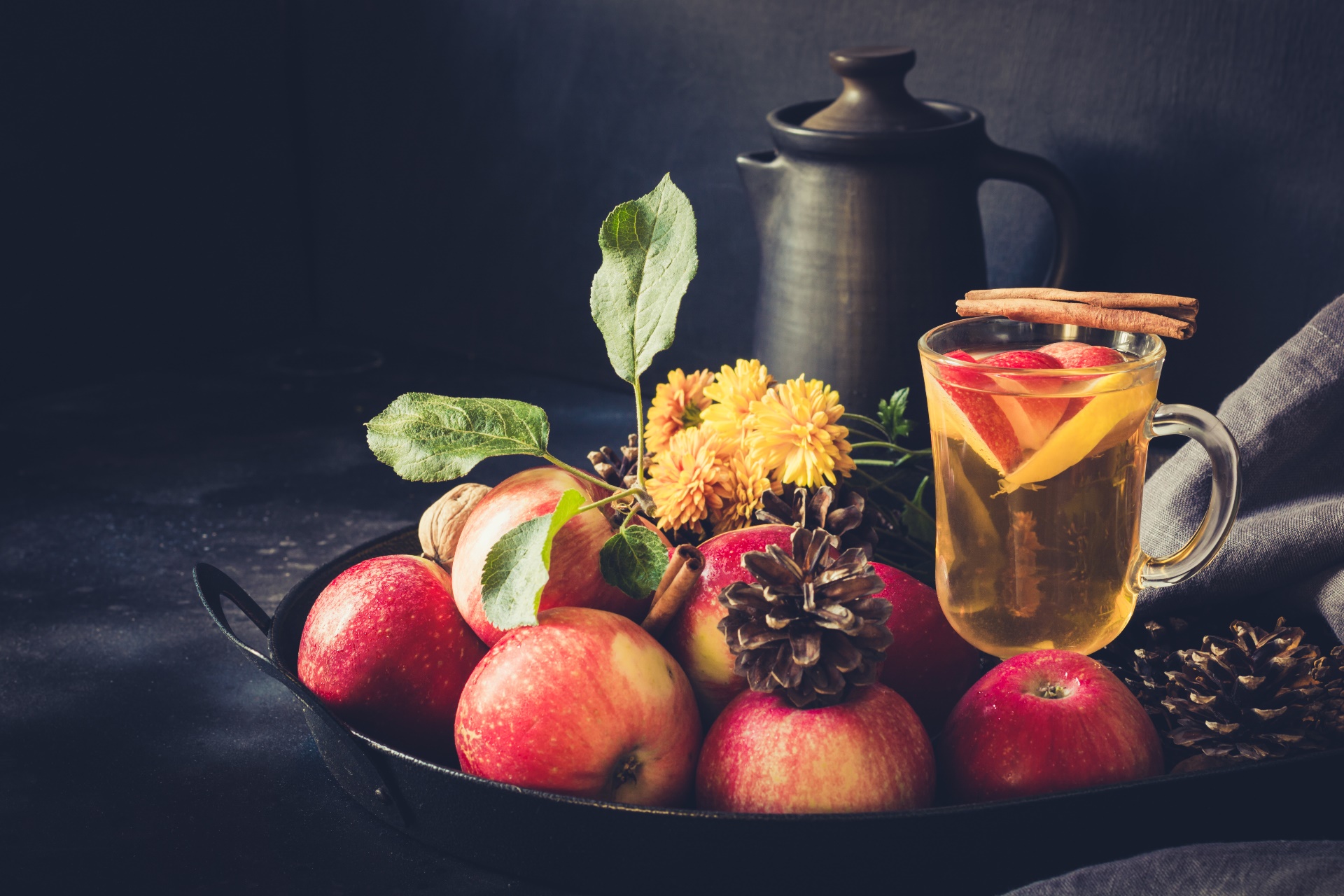 Still Life Food Fruit Apples Tea Cinnamon Flowers Pine Cones 1920x1280