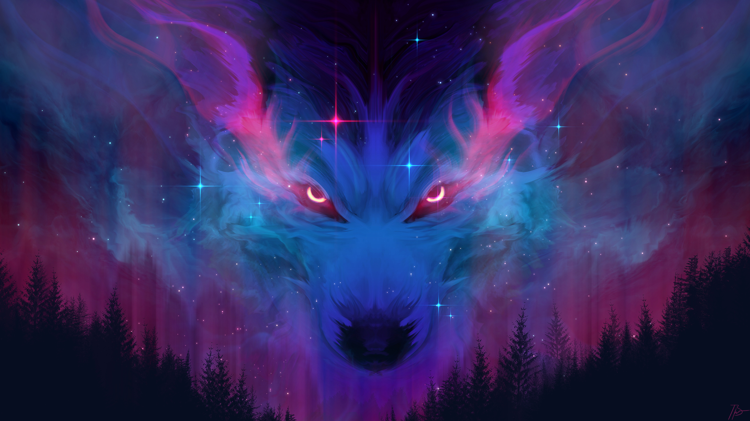 Wolf Red Eyes Signatures Animals Fantasy Art Trees Frontal View JoeyJazz Stare Love 2560x1440