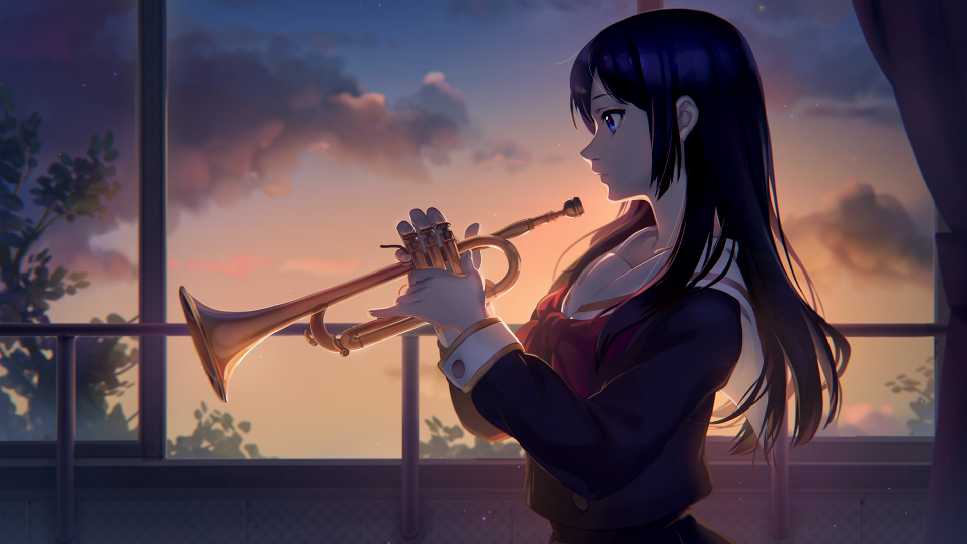 Anime Anime Girls Kousaka Reina Hibike Euphonium Long Hair Blue Eyes Trumpets Evening Window School  1920x1080