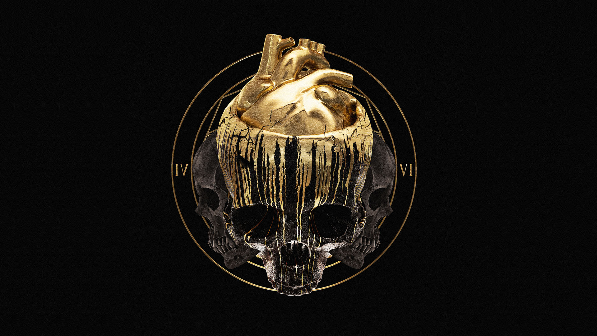 Apashe Skull And Bones Gold Skull Heart Roman Numerals Circle Black Background Black Dark Paint Spla 1920x1080