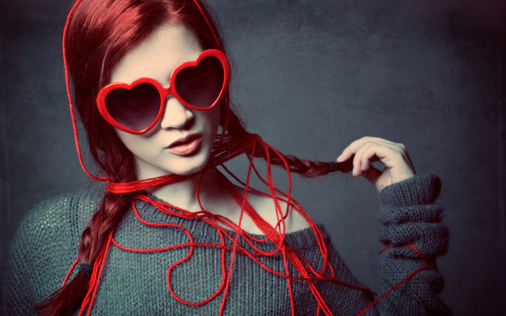 Women With Glasses Model Redhead Fair Skin Women Pigtails Heart Love Blue Sweater 1920x1200