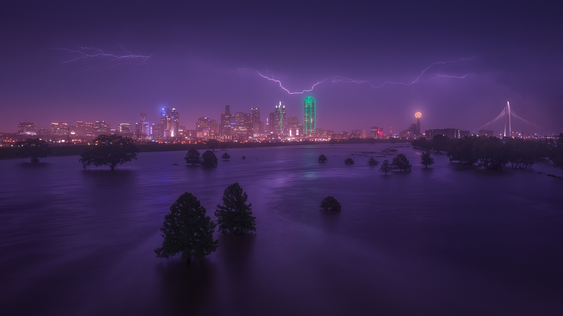 Dallas Storm Flood Lightning City City Lights 1920x1080
