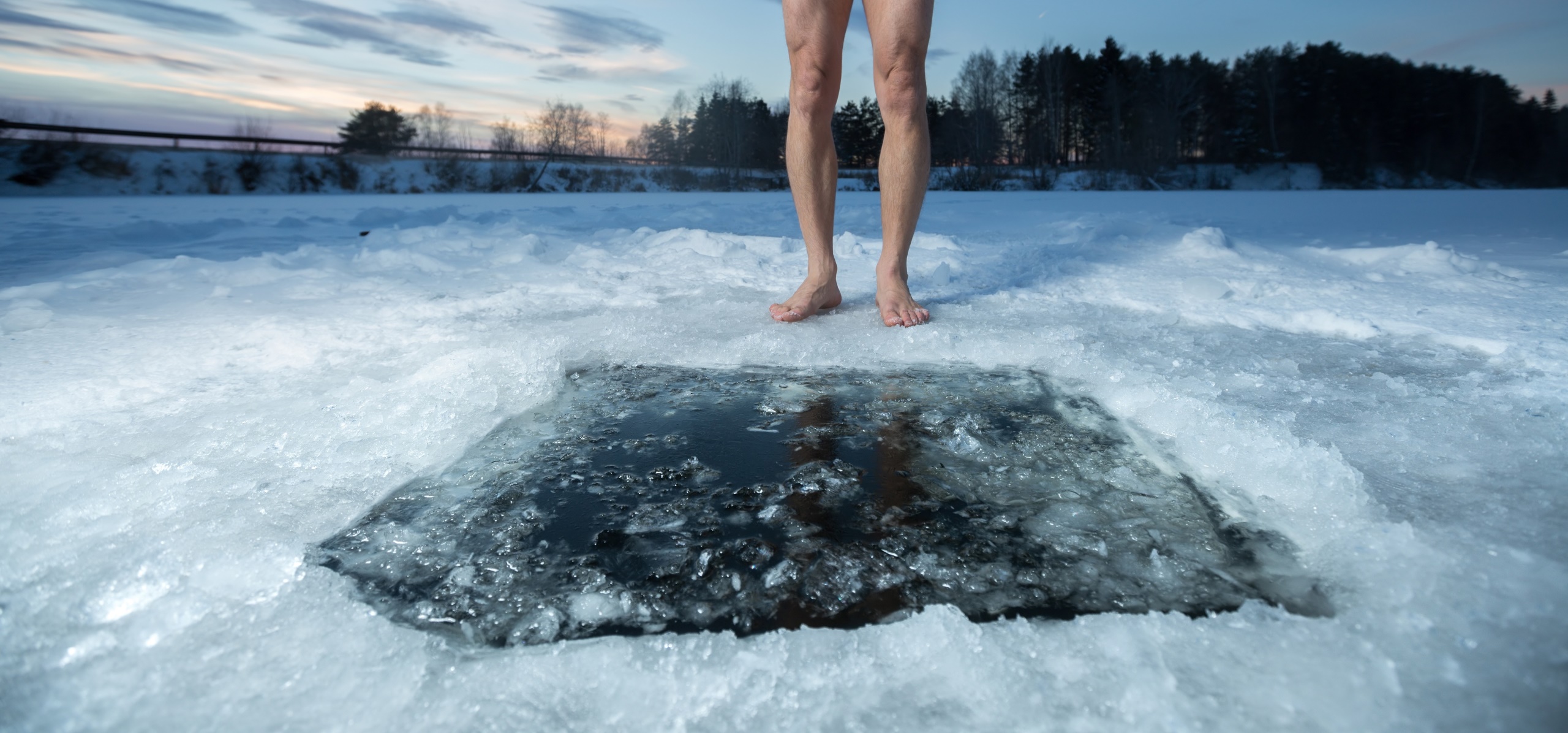 Men Legs Winter Ice Cold Water Barefoot Outdoors Bath Hole 2560x1196
