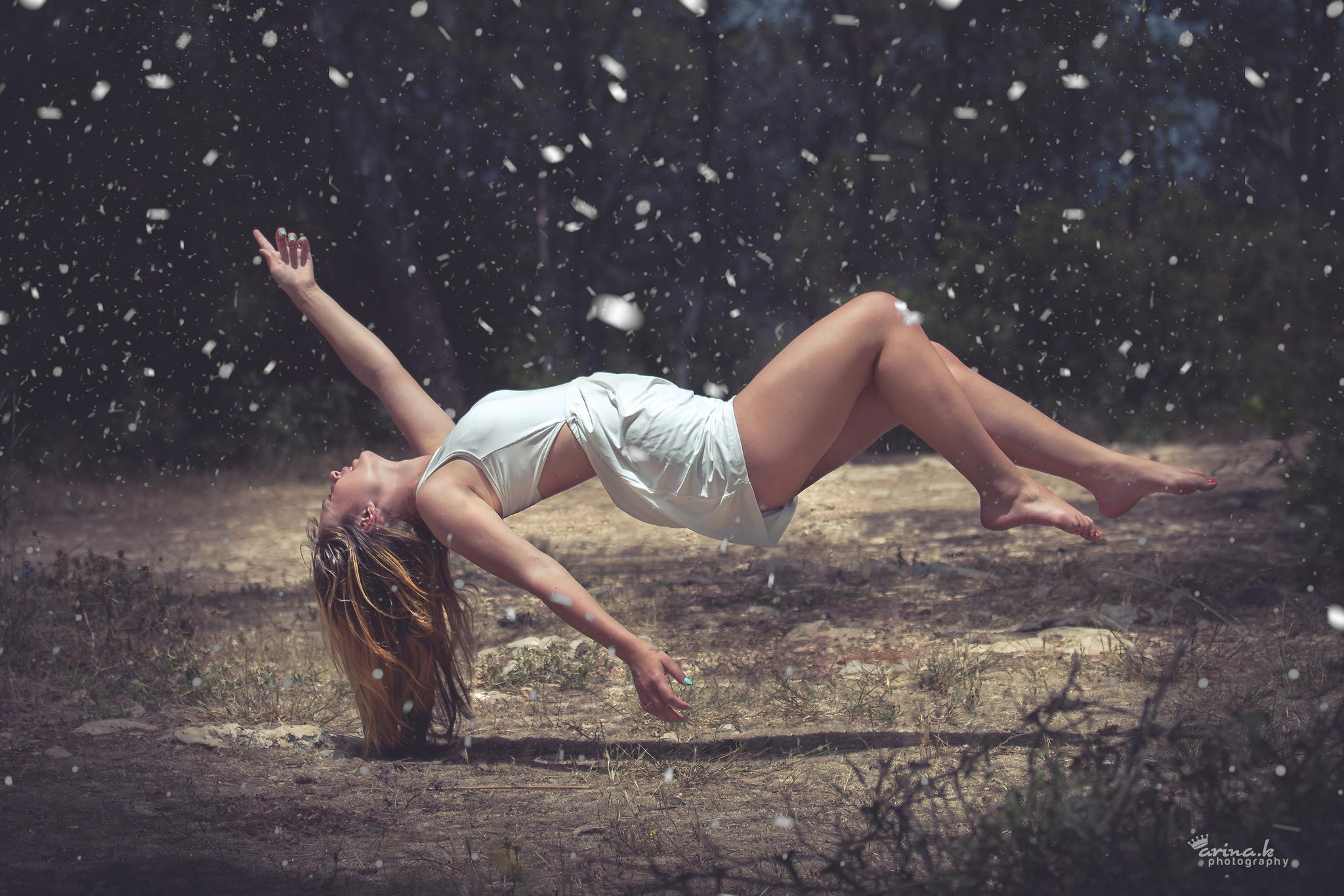 Women Photo Manipulation Model Blonde Long Hair White Dress Barefoot Conceptual Women Outdoors 2048x1365