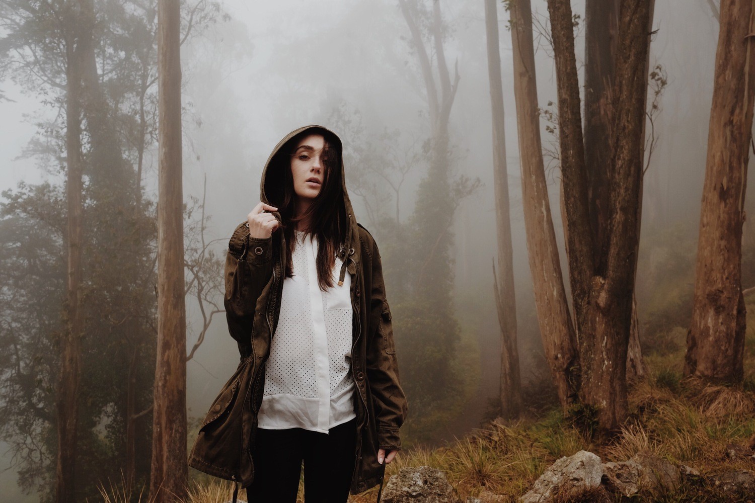 Women Women Outdoors Trees Forest Mist Hoods Introvert Brunette Looking At Viewer Jacket 1500x1000