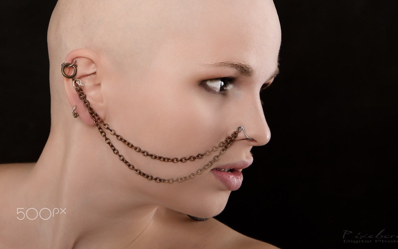Piercing Chains Women 500px Portrait Model Bald Head 1680x1050