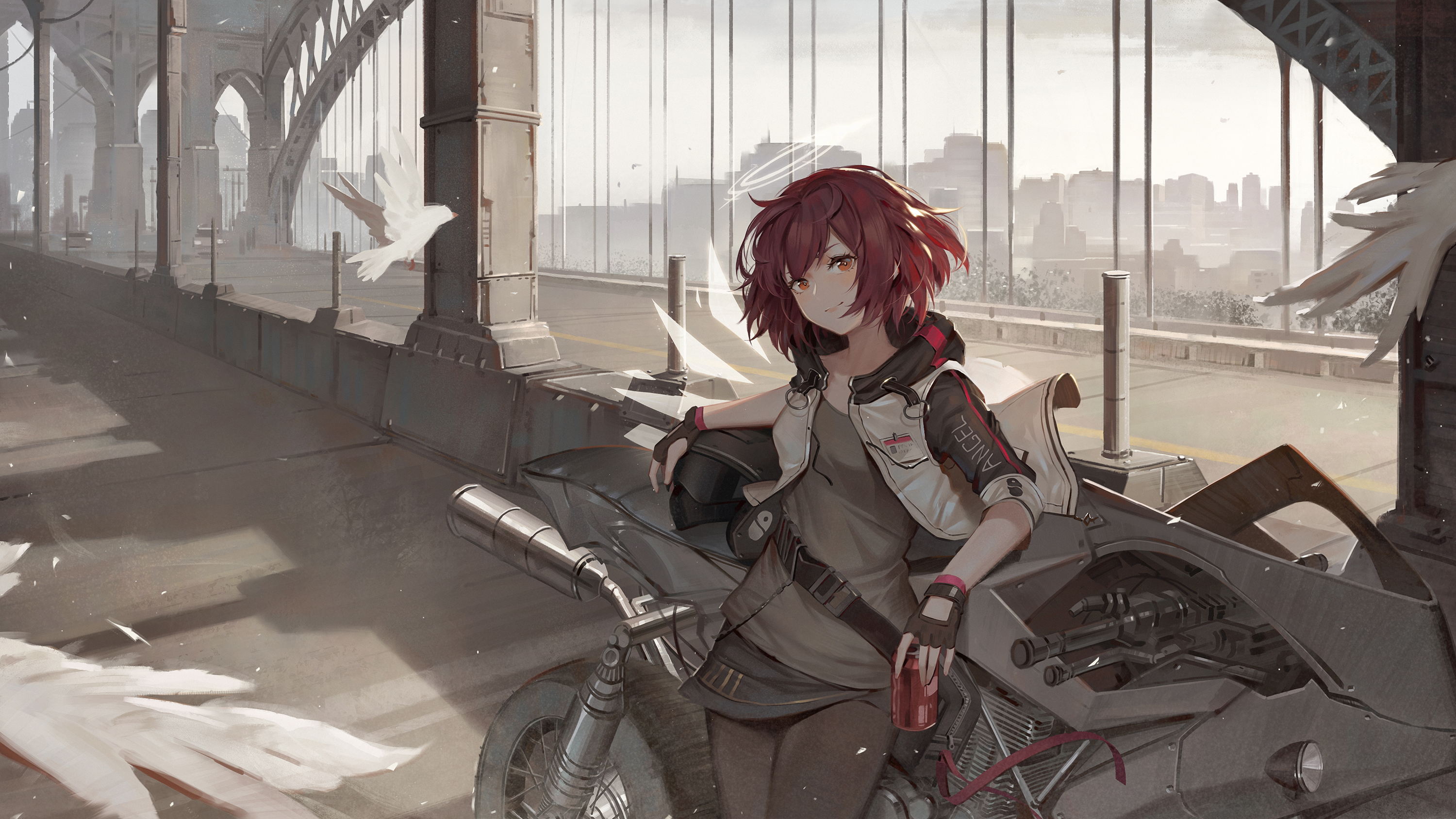 Anime Anime Girls Redhead Looking At Viewer Motorcycle Jacket Cityscape Bridge Birds Artwork Digital 3000x1688