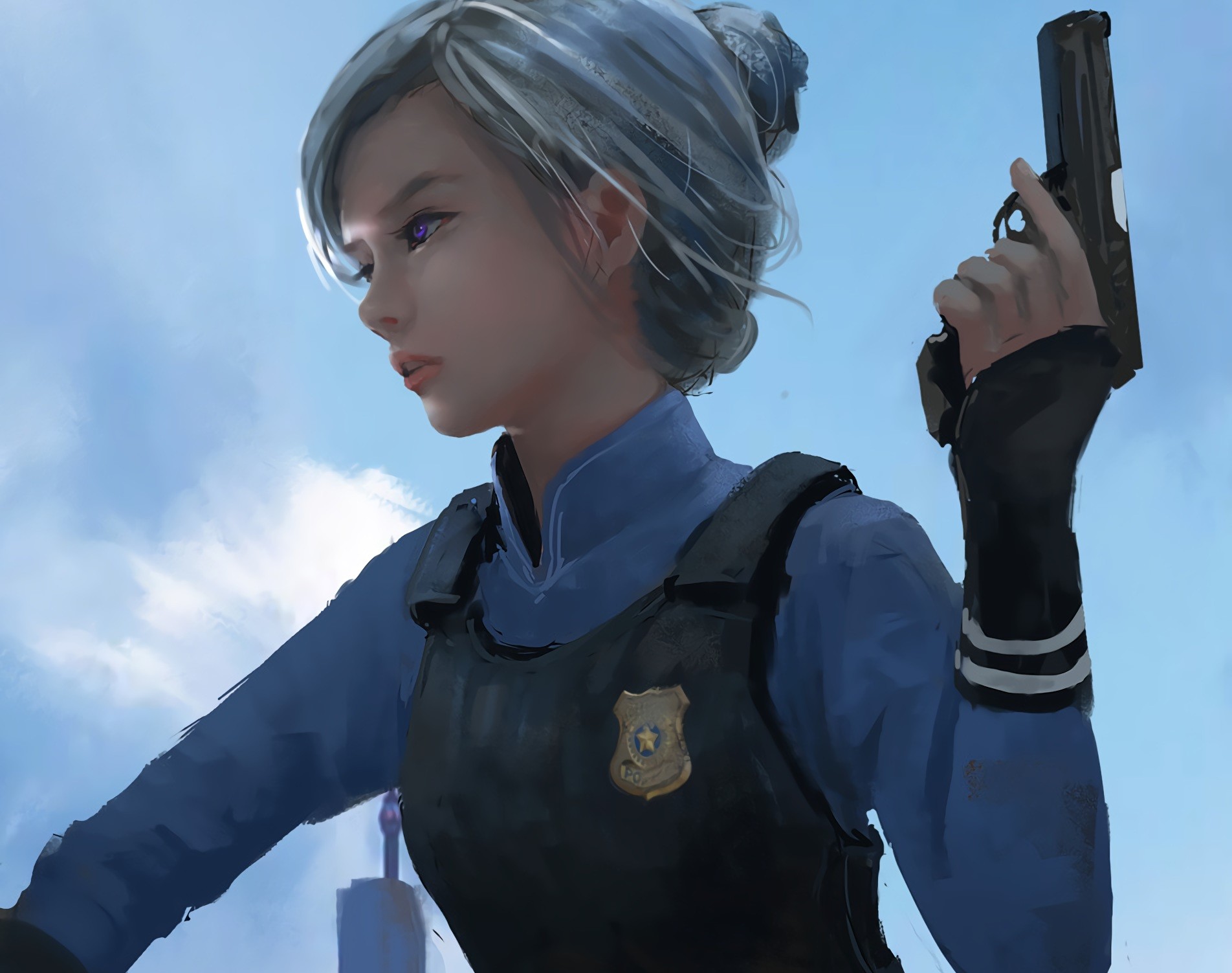 Judy Hopps WLOP Anthropomorphism Gray Hair Gun Police Purple Eyes Weapon Zootopia 1904x1503