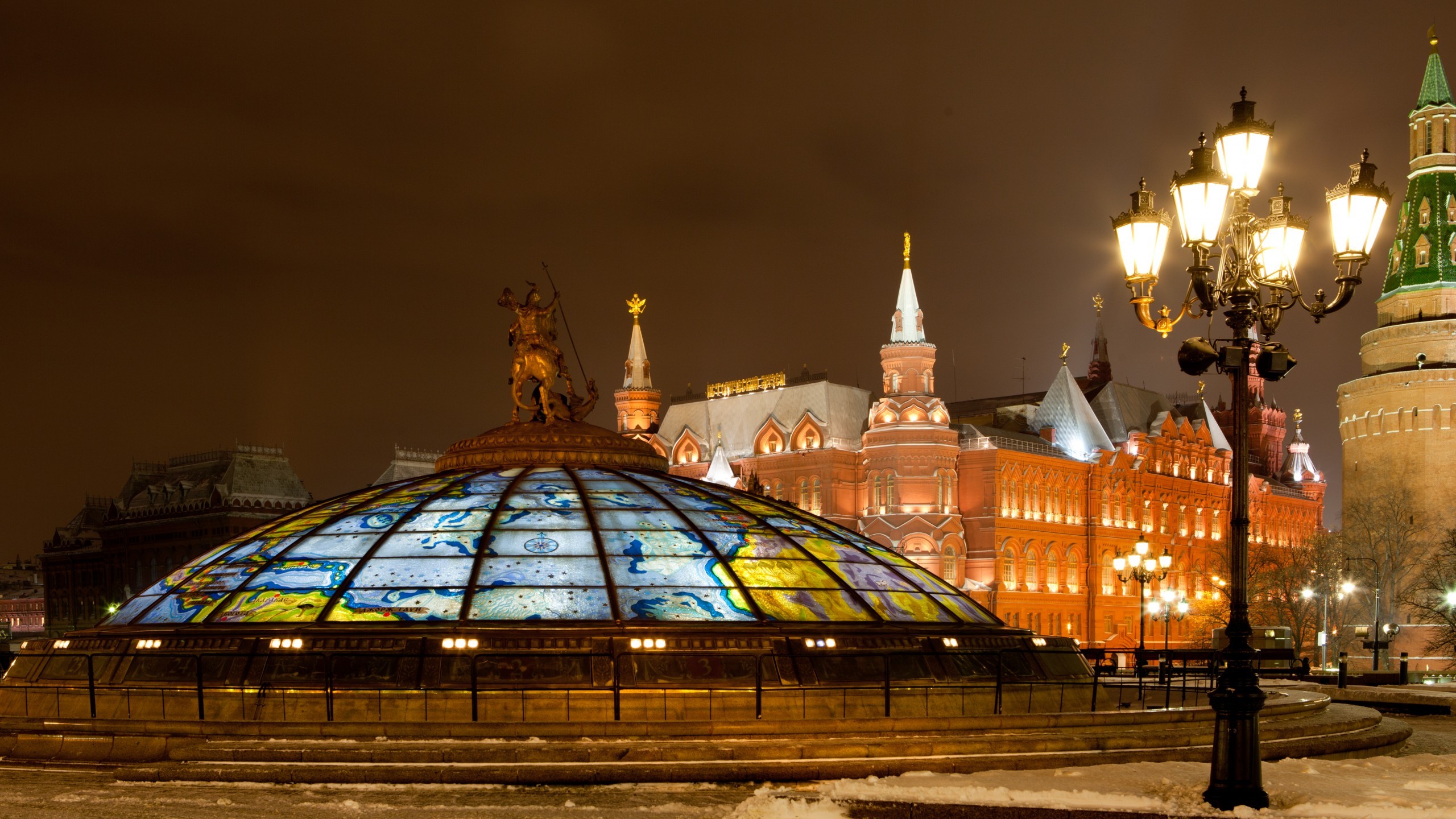 Architecture Building City Moscow Russia Capital Night Street Light Lamp Winter Snow Statue Tower Me 2560x1440