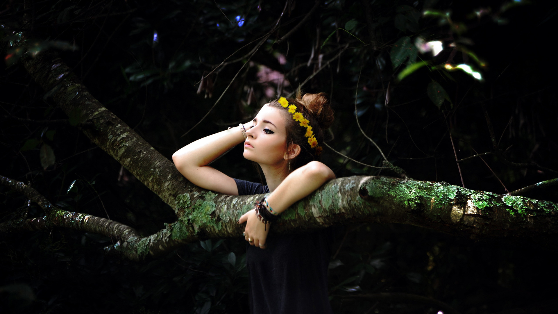 Women Model Photography Brunette Flower In Hair Eyeliner Hairbun Looking Into The Distance Women Out 1920x1080