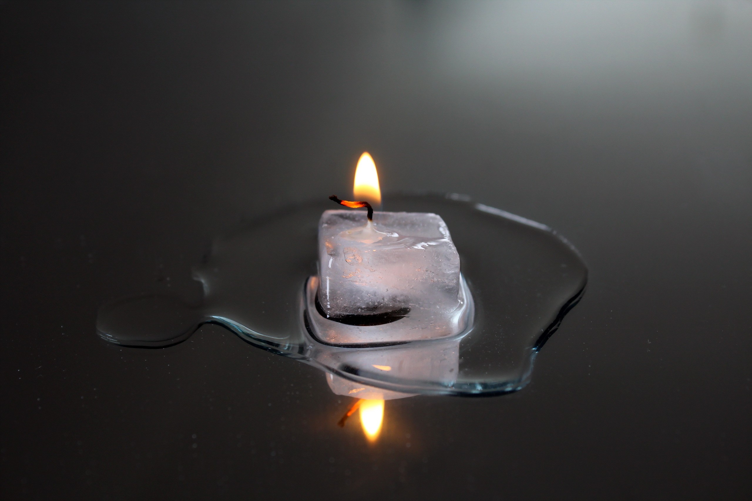 Water Candles Ice Cubes Fire Melted Reflection Liquid Gray Background Gray Macro 2560x1707