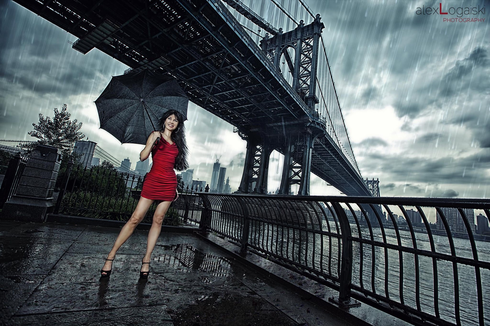Women Model Brunette Red Dress High Heels Umbrella Rain Women Outdoors Manhattan Bridge 2048x1365