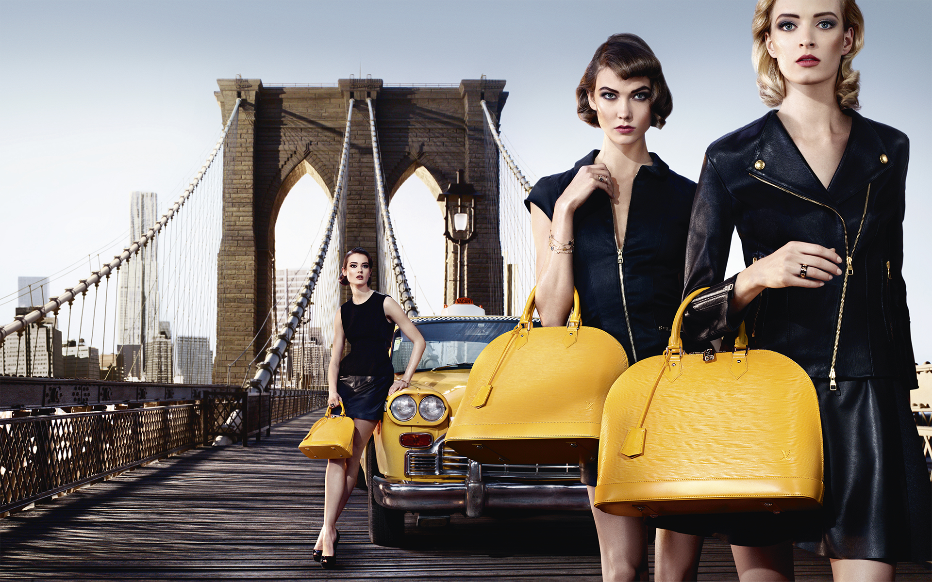 Monika Jagaciak Fashion Louis Vuitton Legs Brooklyn Bridge New York City Taxi 1920x1200