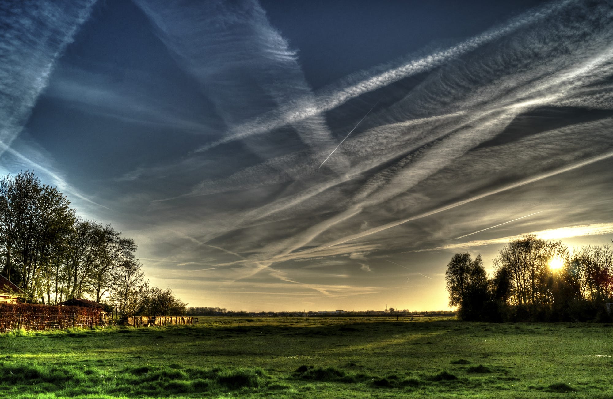 Nature Landscape Trees Sky Grass Field Chemtrails 2000x1303