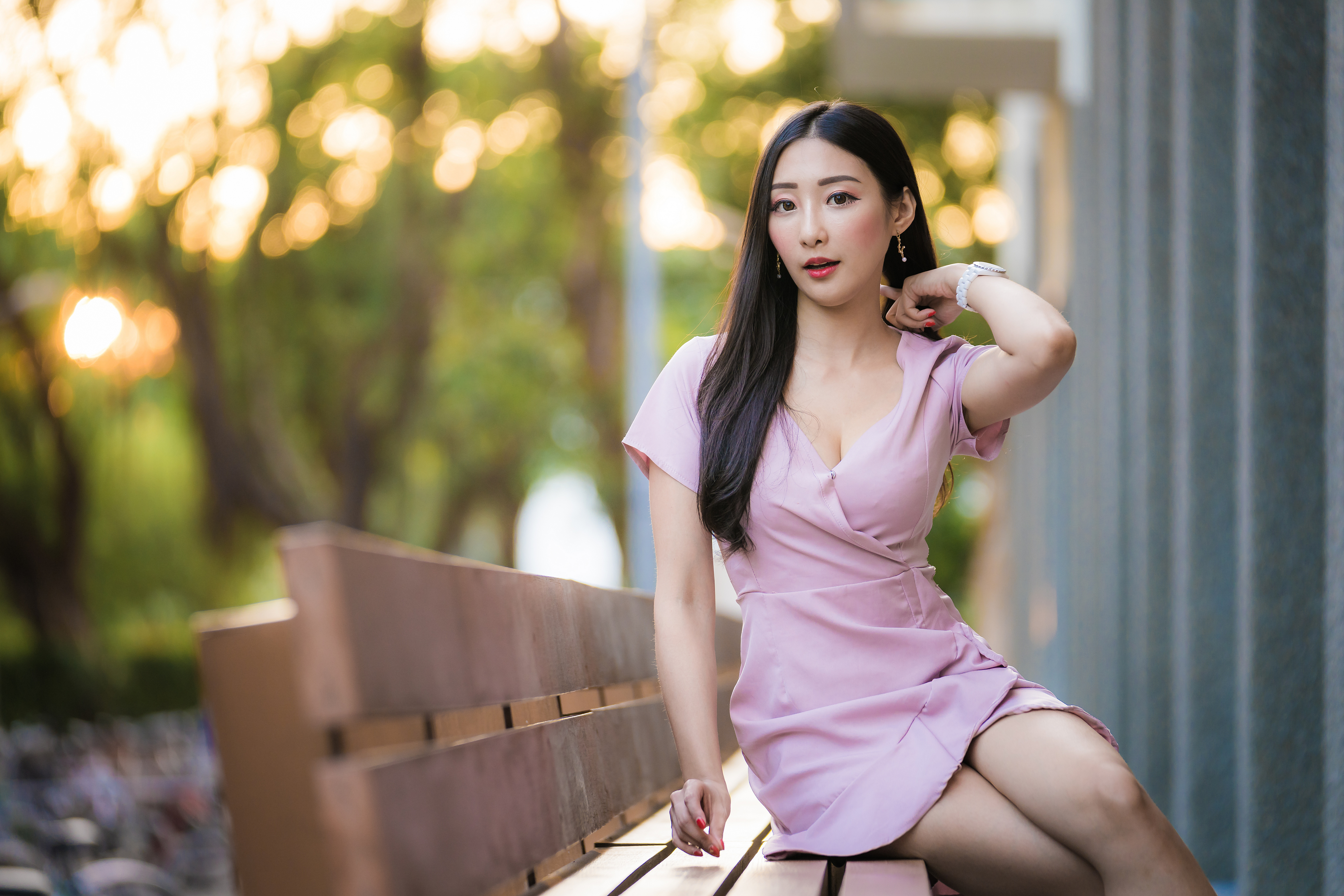 Asian Women Model Long Hair Brunette Depth Of Field Bench Sitting Violet Dress Earring Wristwatch Re 4562x3042