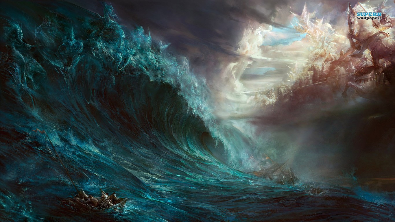 Waves Tsunami Artwork Fantasy Art Sea 1366x768