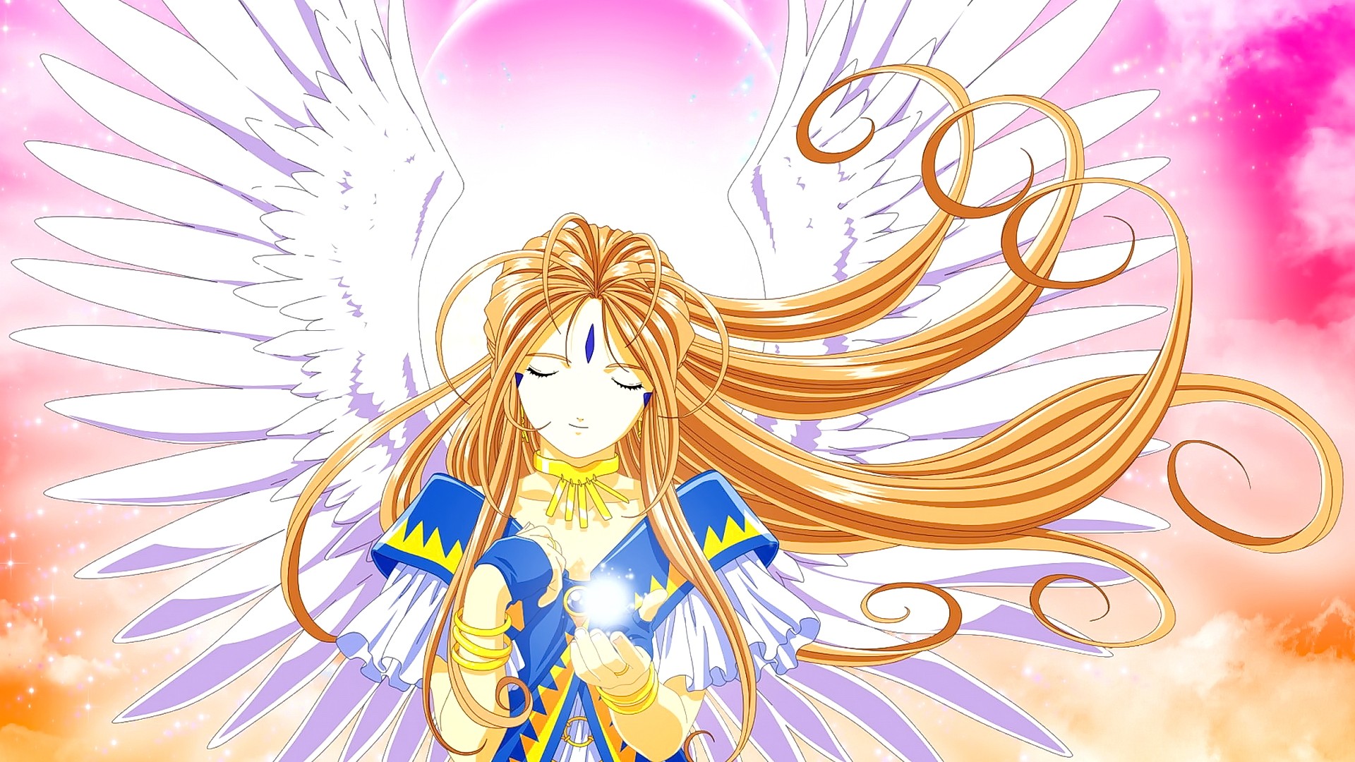 Anime Anime Girls Long Hair Blonde Closed Eyes Wings Smiling Ah My Goddess Belldandy 1920x1080