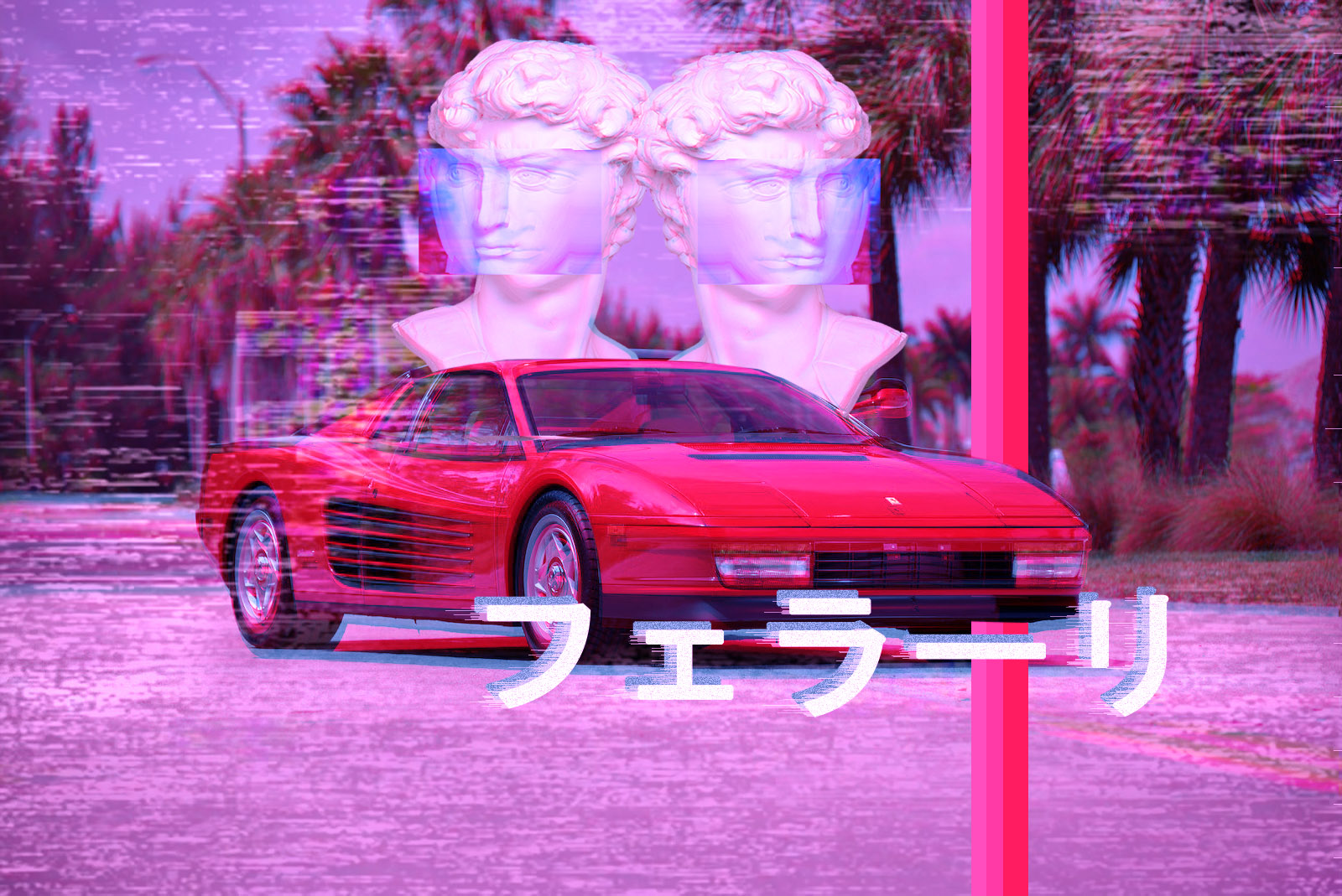 VHS 80s Vaporwave Glitch Art Digital Art Car Vehicle Ferrari Pink 1600x1069