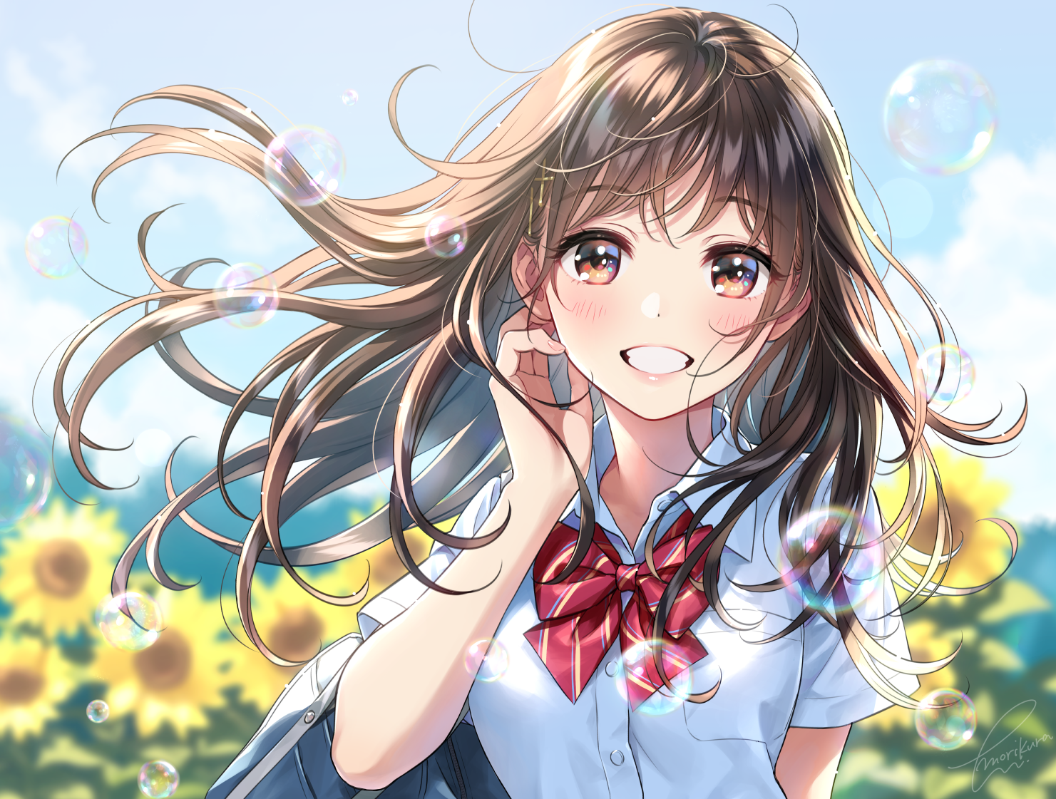 Anime Girls Original Characters Schoolgirl School Uniform Bow Tie Shirt Brunette Long Hair Blushing  1481x1121