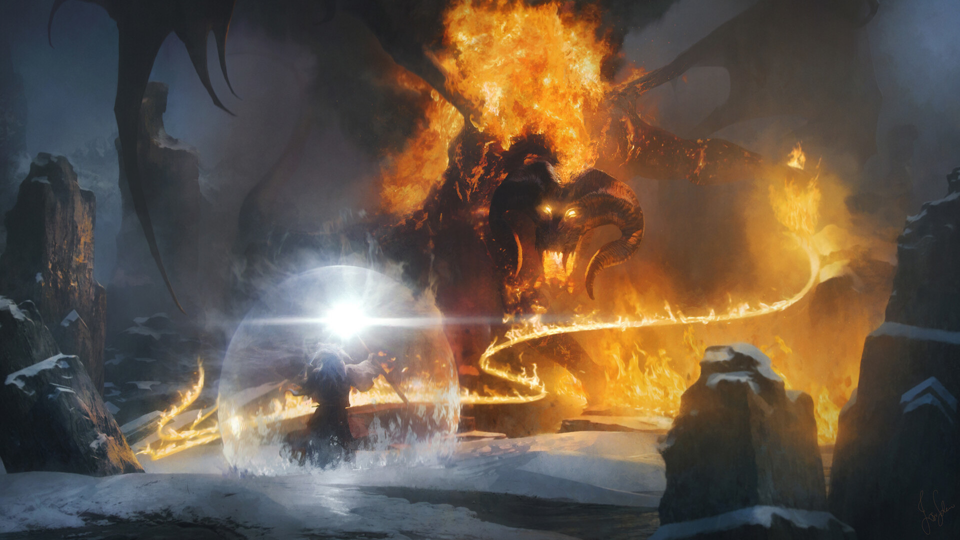 Digital Digital Art Artwork Fantasy Art Lights Fire The Lord Of The Rings Battle Magic Winter Snow A 1920x1080