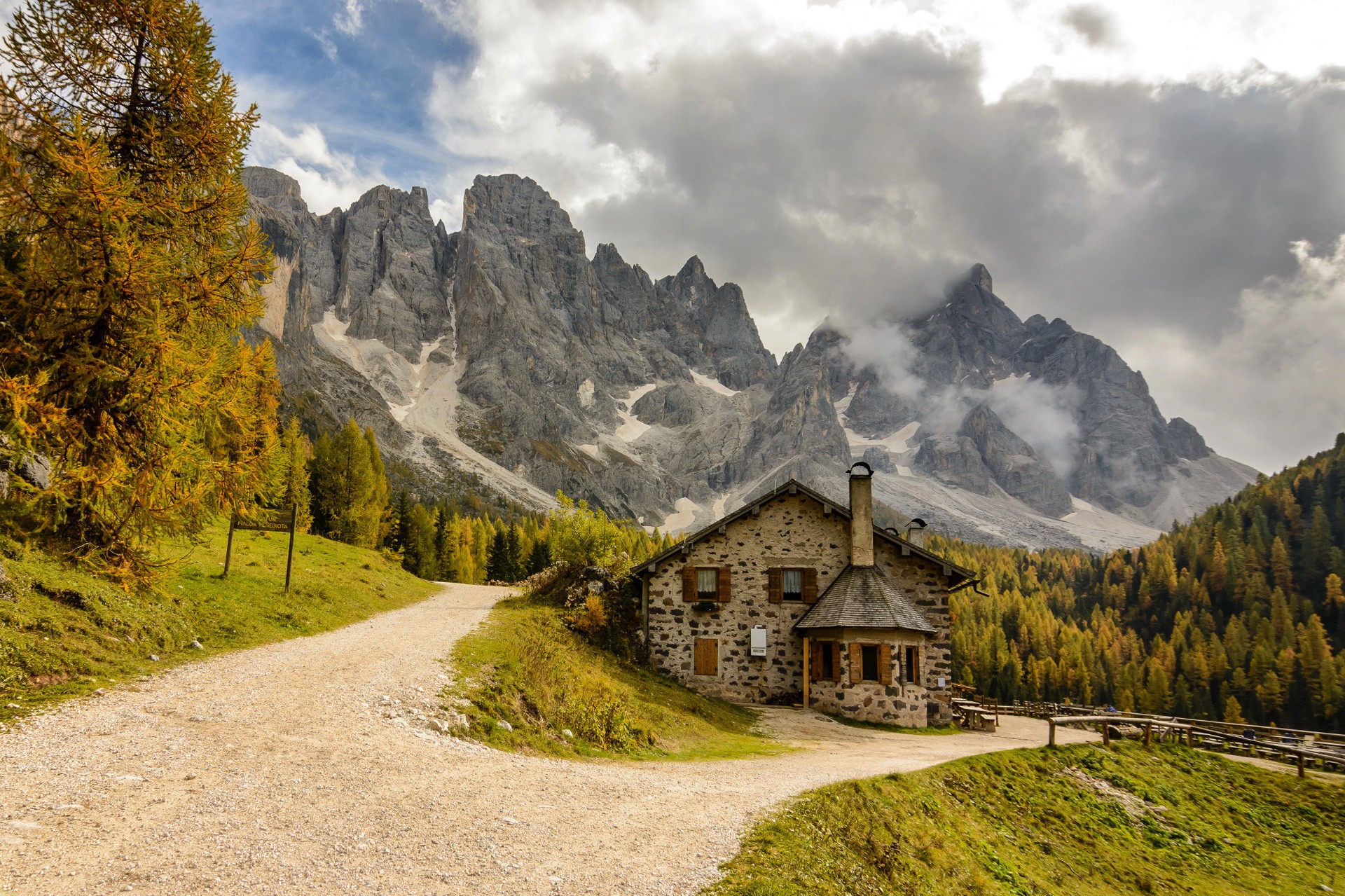 Nature Landscape Mountains Trees Forest Hills Clouds Snow Dolomites Mountains Italy House Path Dirt  1920x1279