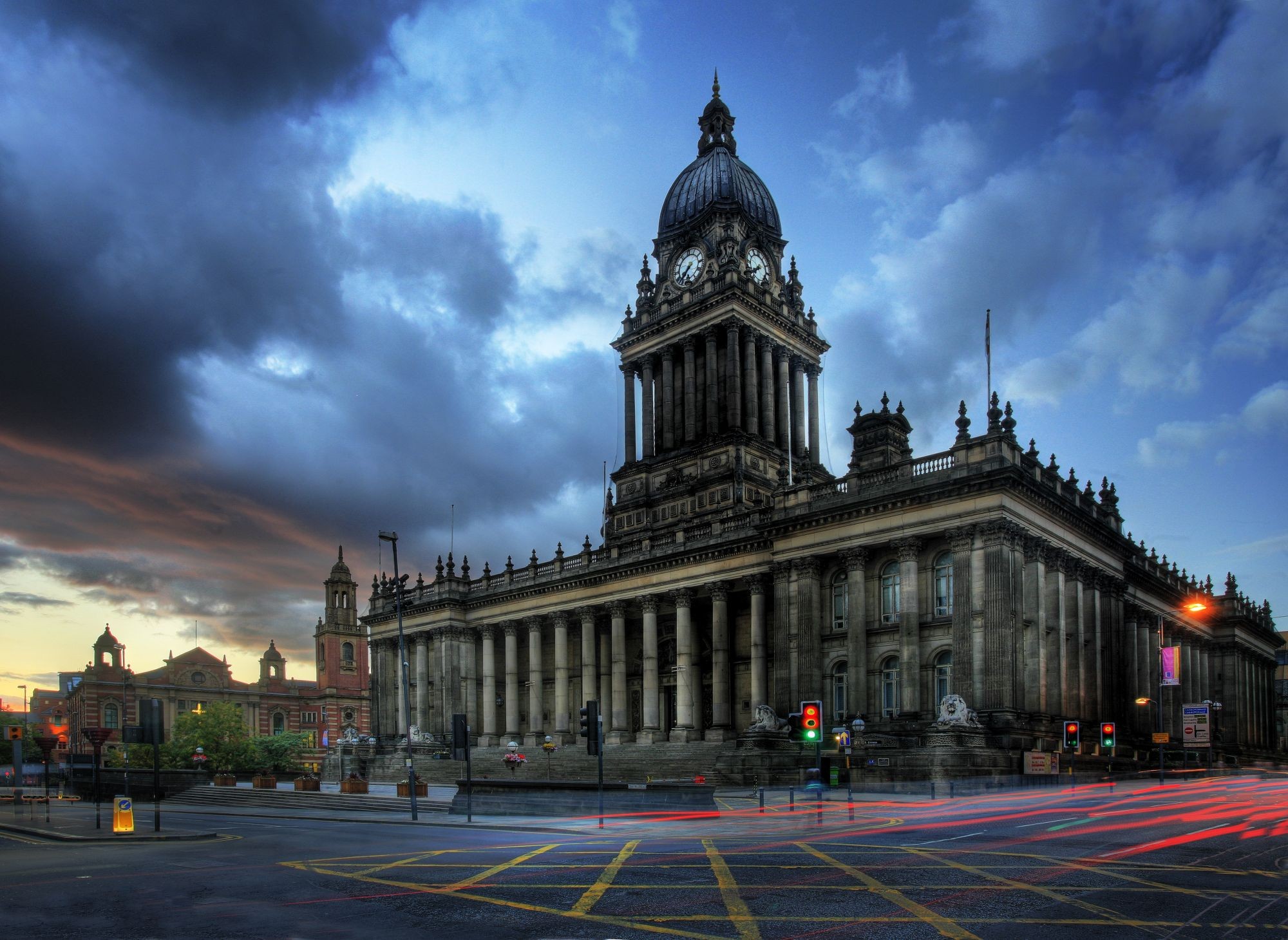 Architecture Building Old Building Leeds England UK City Hall Tower Clock Tower Town Square Clouds L 2000x1460