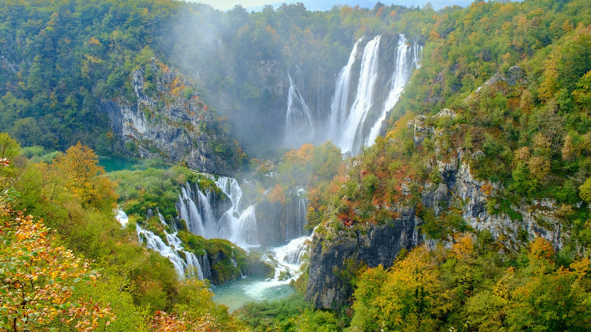 Nature Landscape Trees Fall Waterfall Water Plants Forest Rocks Plitvice National Park Croatia 1920x1080