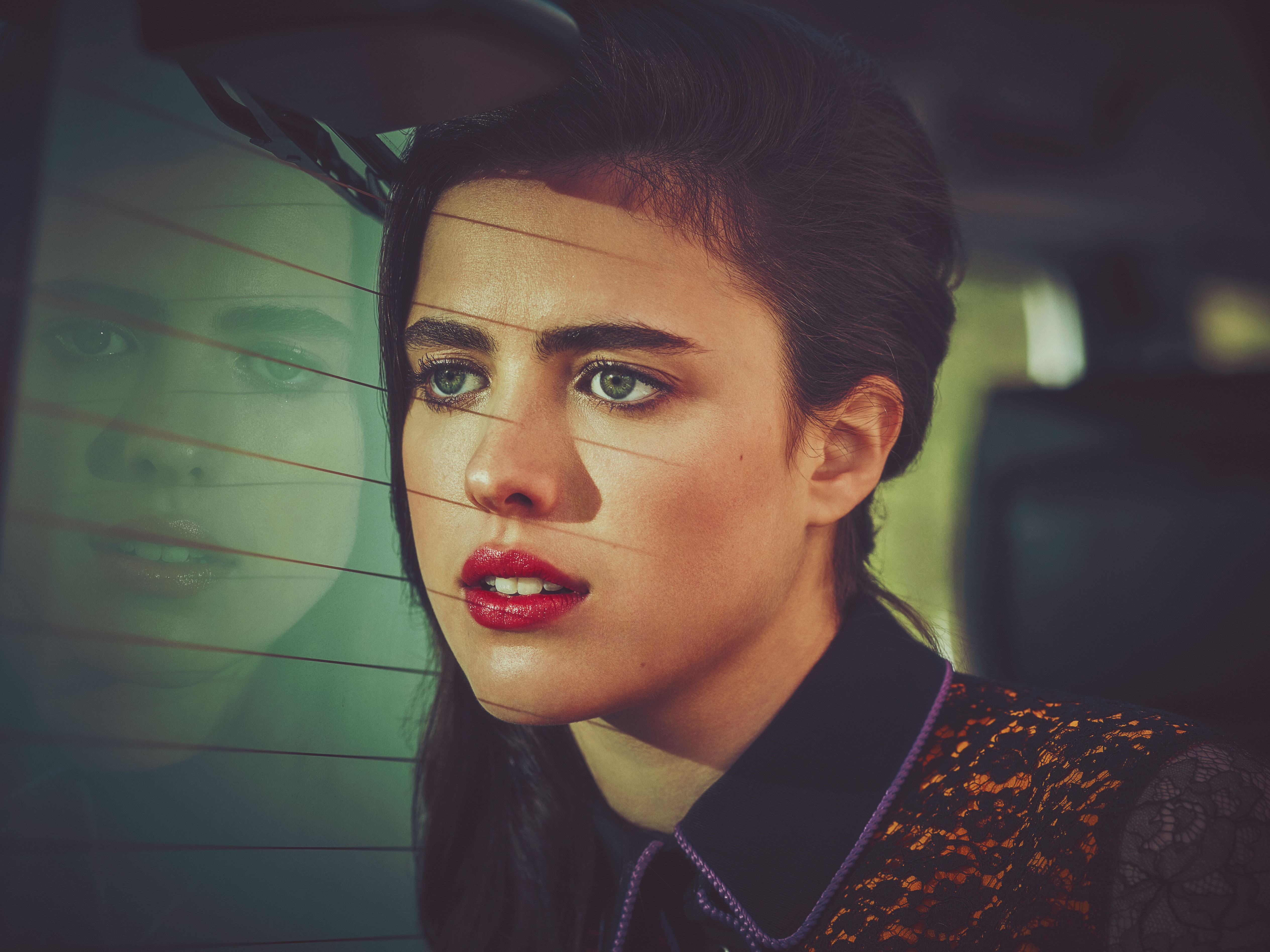 Women Guy Aroch Margaret Qualley Celebrity Actress Brunette Reflection Red Lipstick 5057x3791