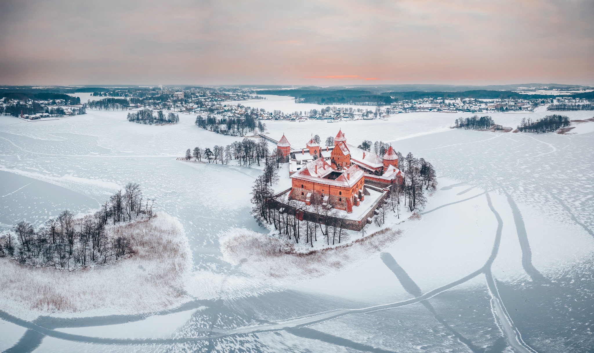 Nature Landscape Winter Snow Trees Birds Eye View Forest Castle Lithuania Trakai Trakai Island Castl 2048x1216
