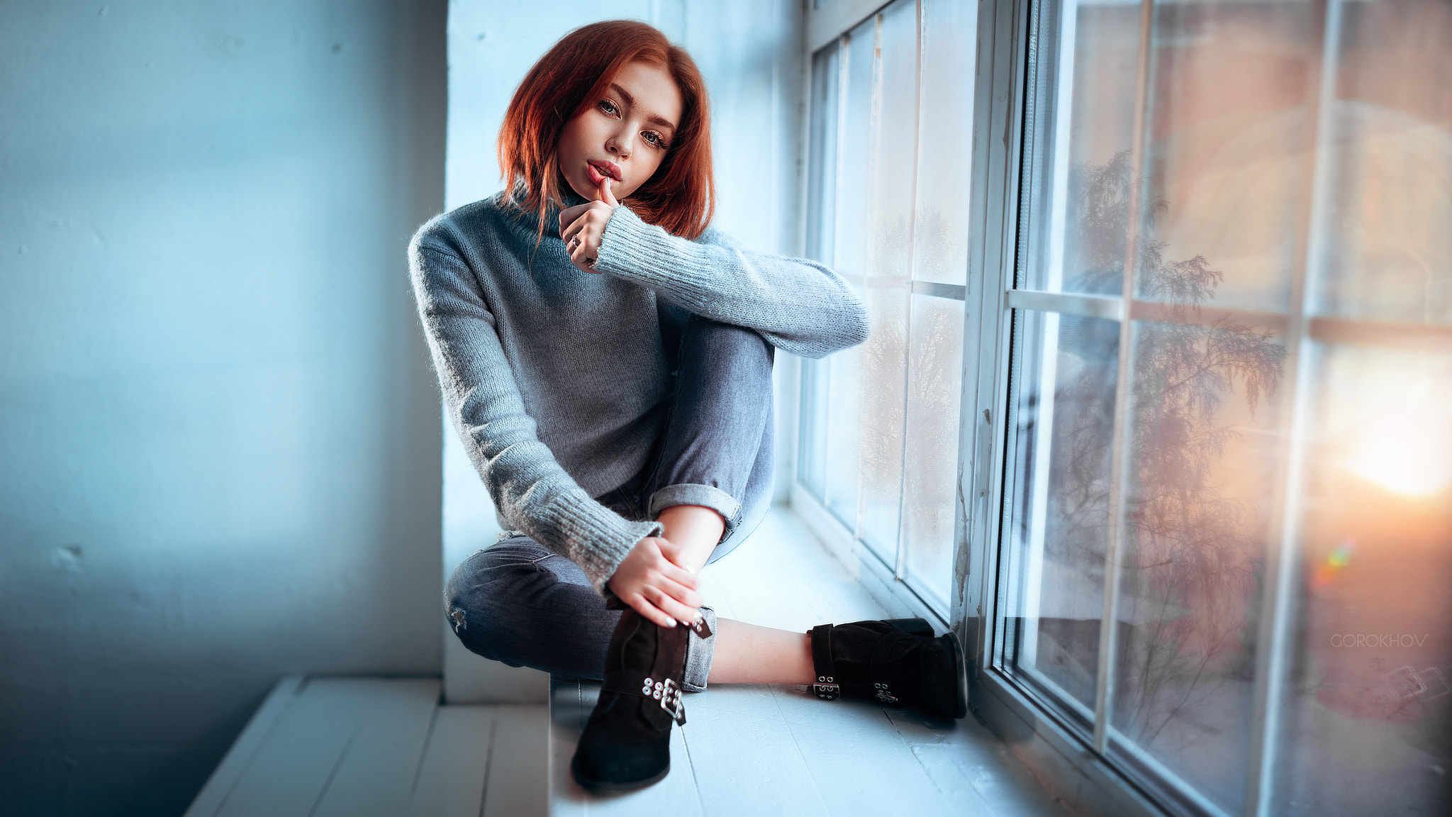 Women Model Ivan Gorokhov 500px Sweater Redhead Jeans Blue Sweater Finger On Lips Renata W 2048x1152