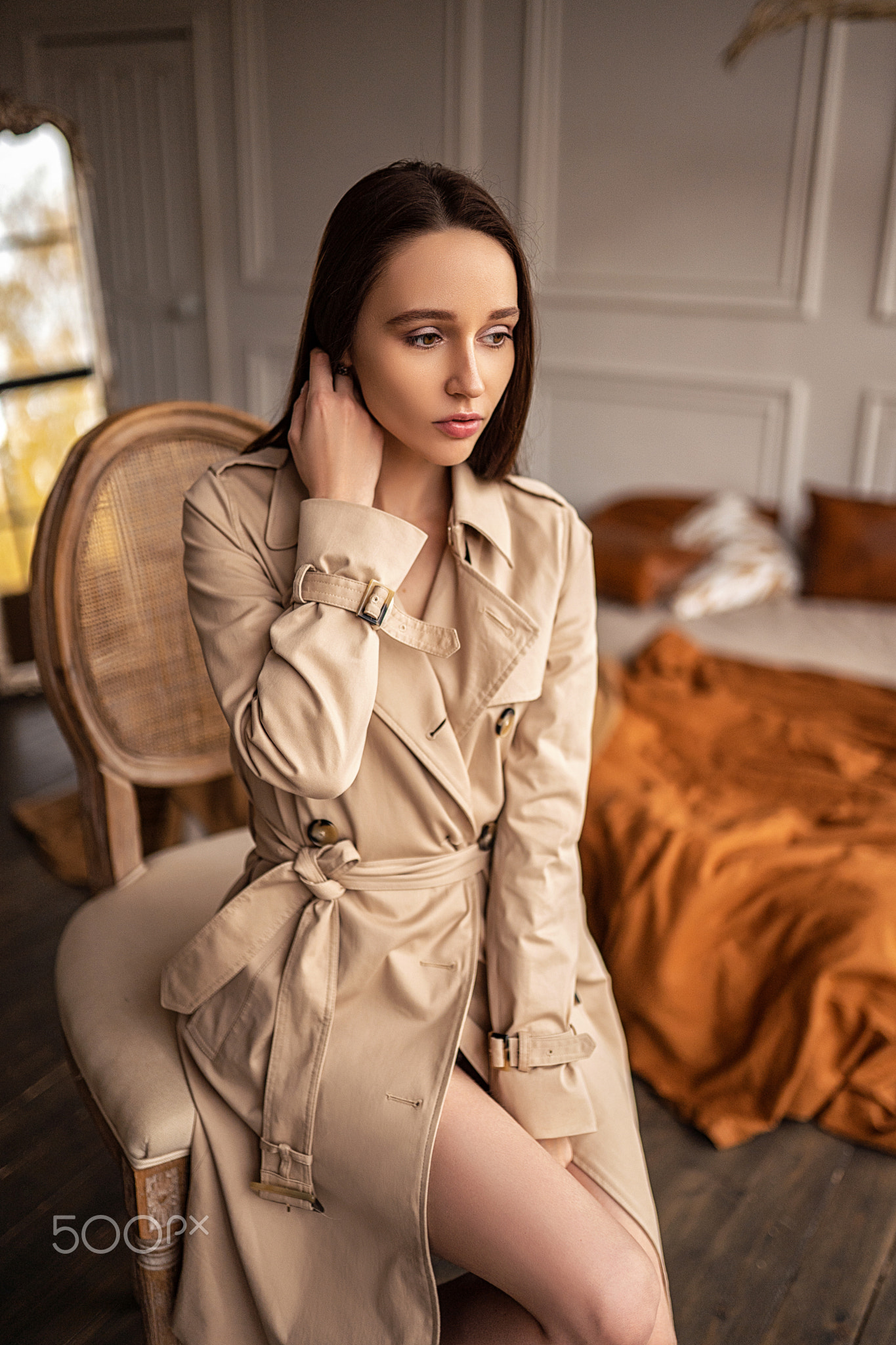 Sergey Shishlov Women Brunette Long Hair Straight Hair Looking Away Hands In Hair Coats Brown Coat C 1365x2048