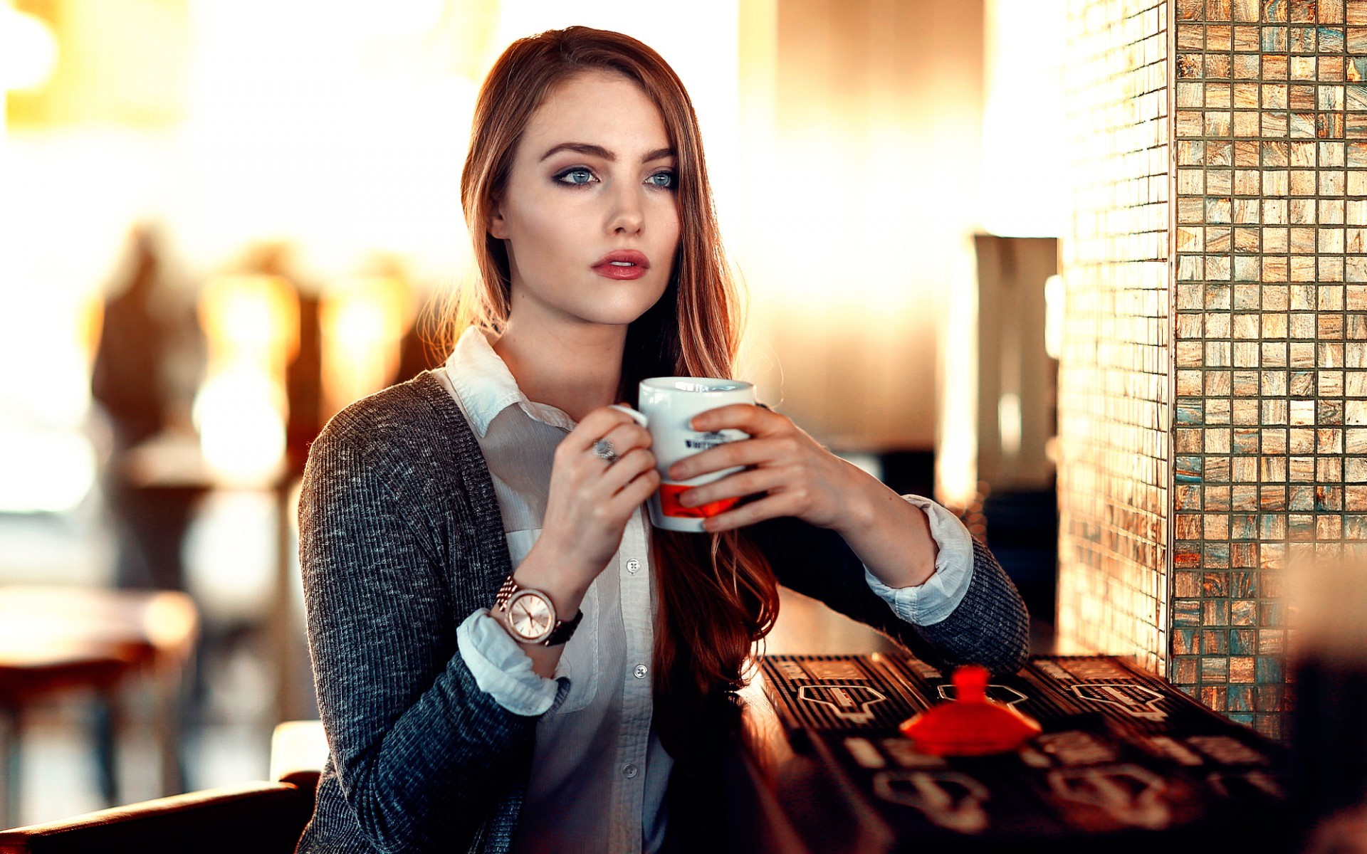 Women Model Redhead Long Hair Alessandro Di Cicco Cup Looking Away Blouses Sweater Blue Eyes Open Mo 1920x1200