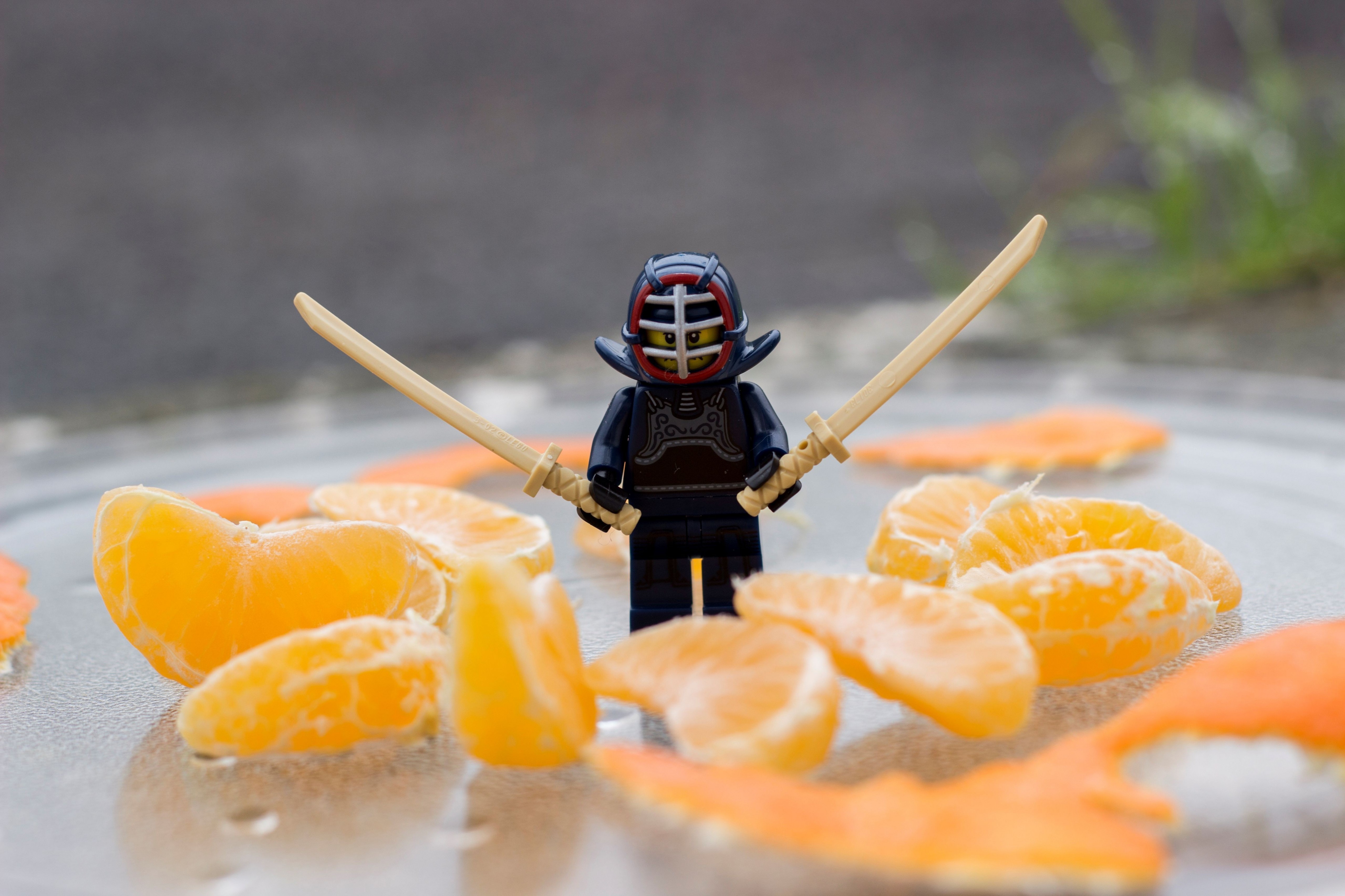 LEGO Toys Closeup Miniatures Humor Photography Depth Of Field Ninja Katana Fruit Tangerine Glass 5120x3413