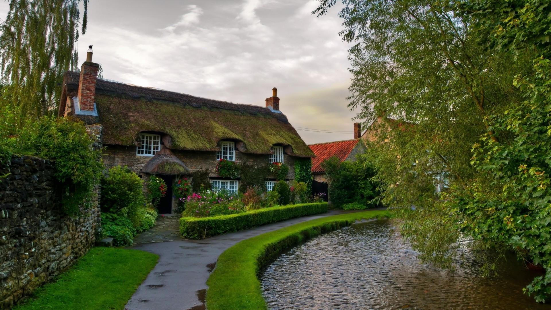 Architecture House Nature Trees Branch Ireland Stone House Road Street Village Clouds Chimneys Wall  1920x1080