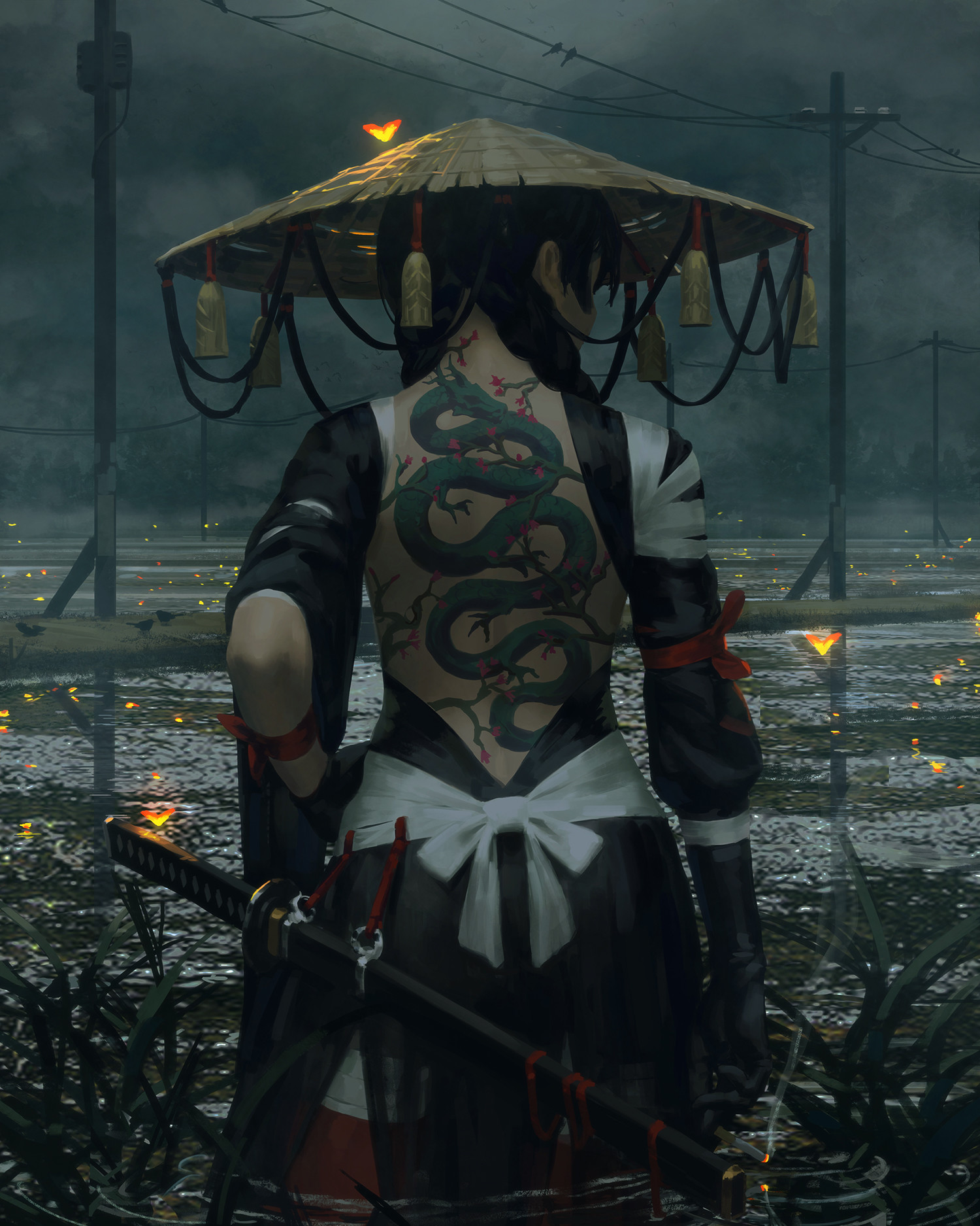 Warrior Fantasy Art Samurai GUWEiZ Katana Japanese Clothes Tattoo Dragon Women With Swords Women Hat 1500x1875
