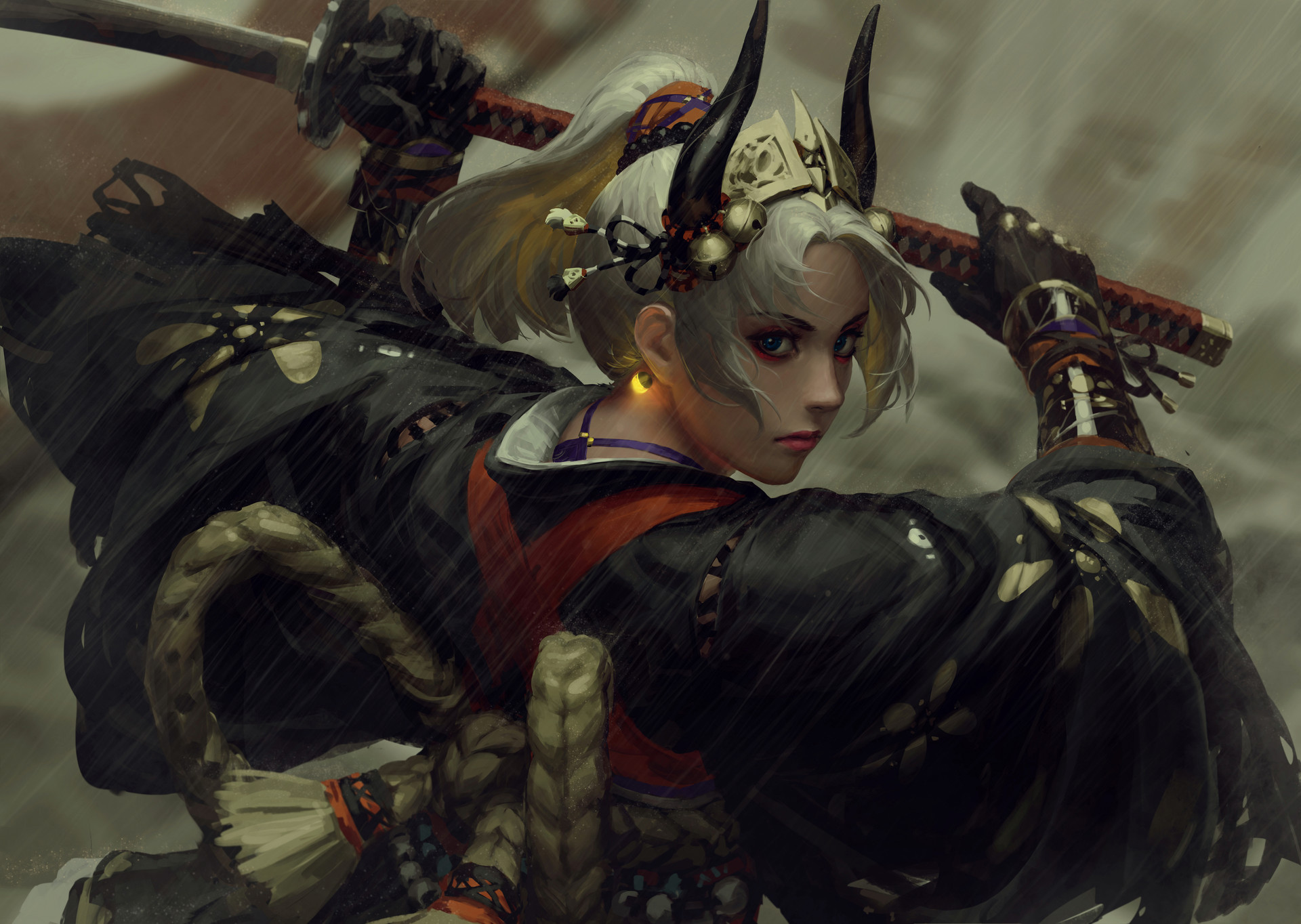 Z W Gu Samurai Katana Mantle White Hair Rain 1920x1364