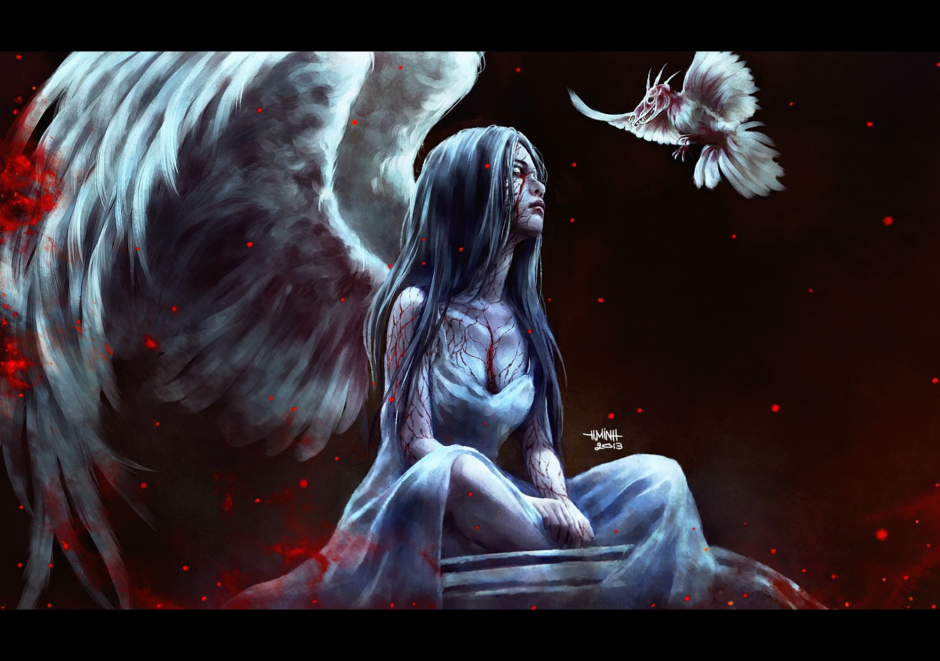 Angel Birds Skull Wings NanFe Fantasy Art Fantasy Girl 1350x950