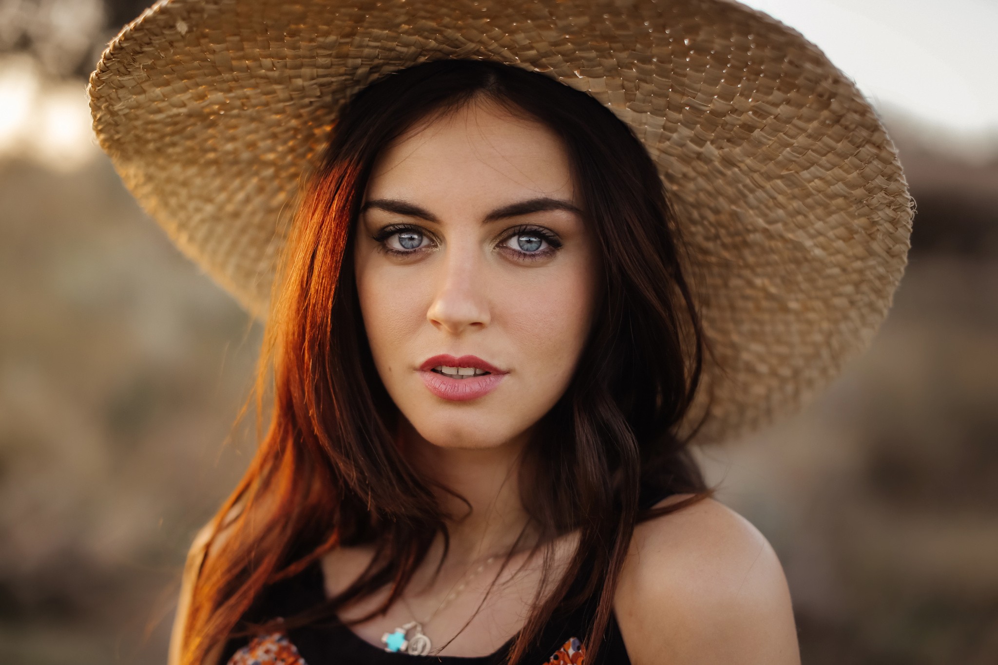 Women Aurela Skandaj Brunette Blue Eyes Face Hat Model Portrait Looking At Viewer Women Outdoors 2048x1365